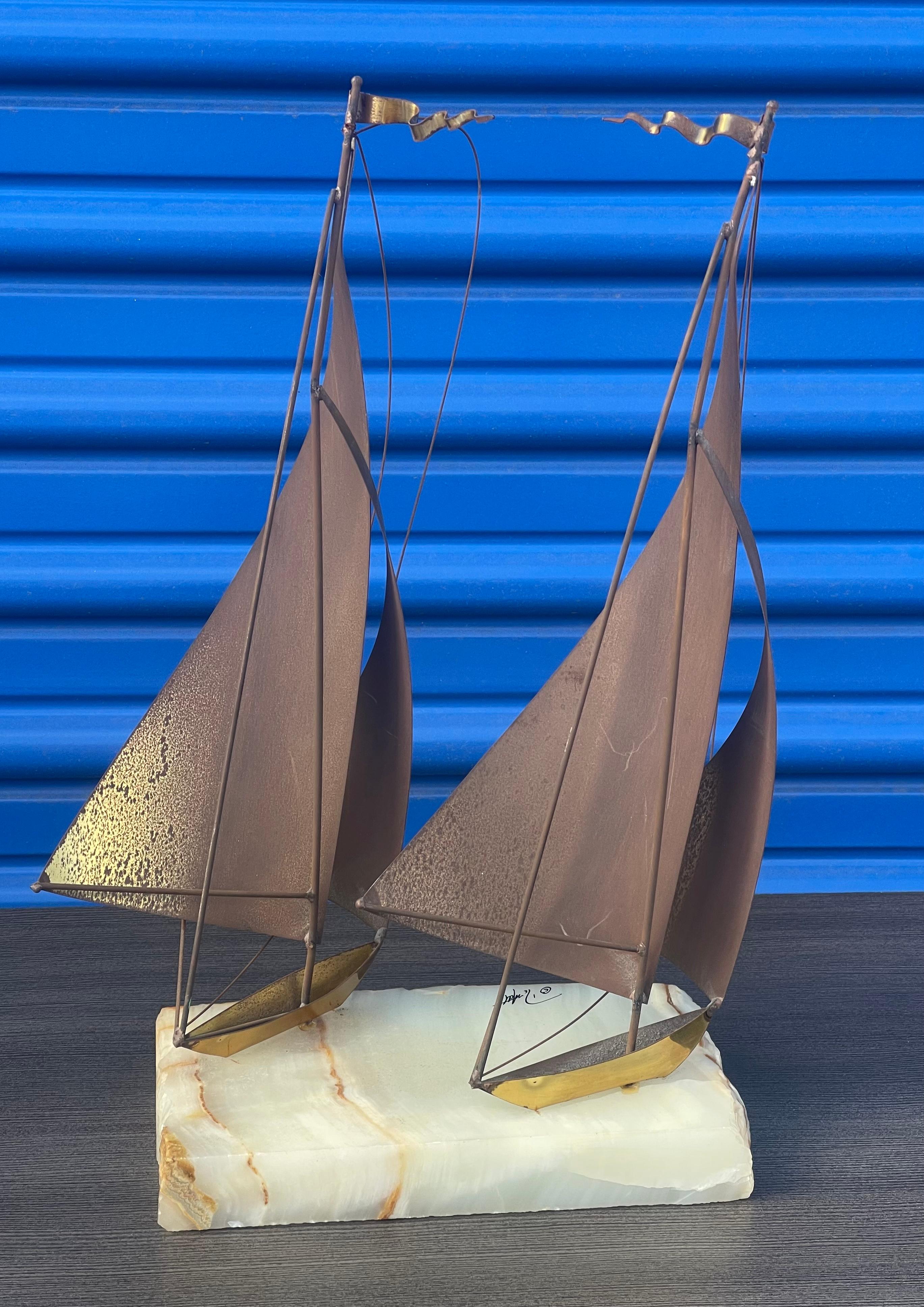 Mid-Century Modern Brass on Quartz Dual Sailboat Sculpture by DeMott For Sale