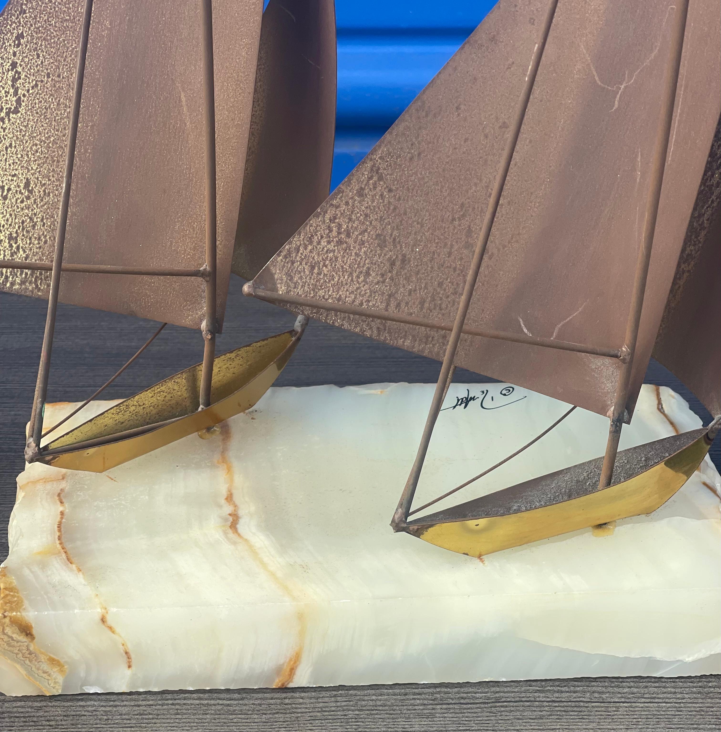 American Brass on Quartz Dual Sailboat Sculpture by DeMott For Sale