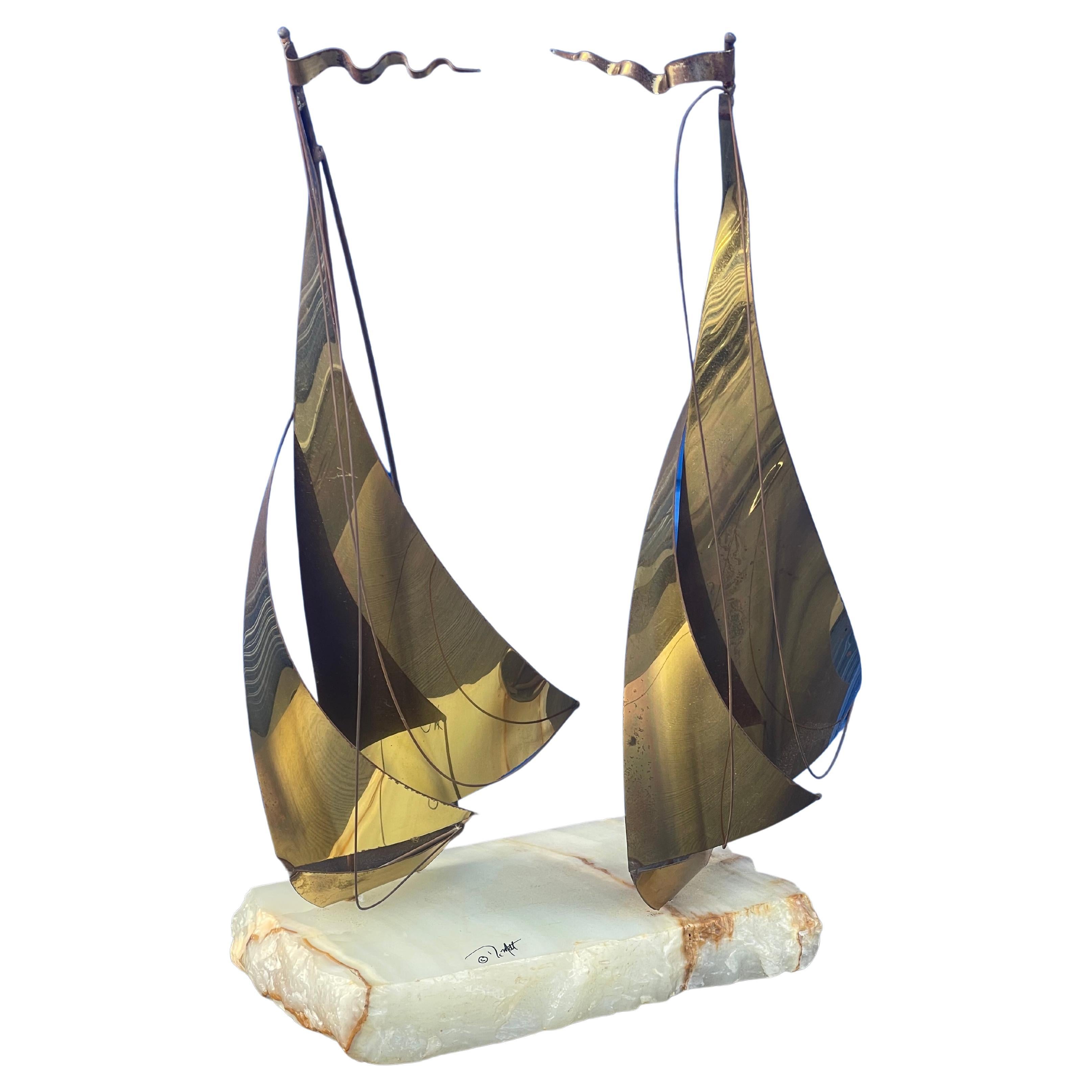 Brass on Quartz Dual Sailboat Sculpture by DeMott For Sale