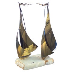 Vintage Brass on Quartz Dual Sailboat Sculpture by DeMott
