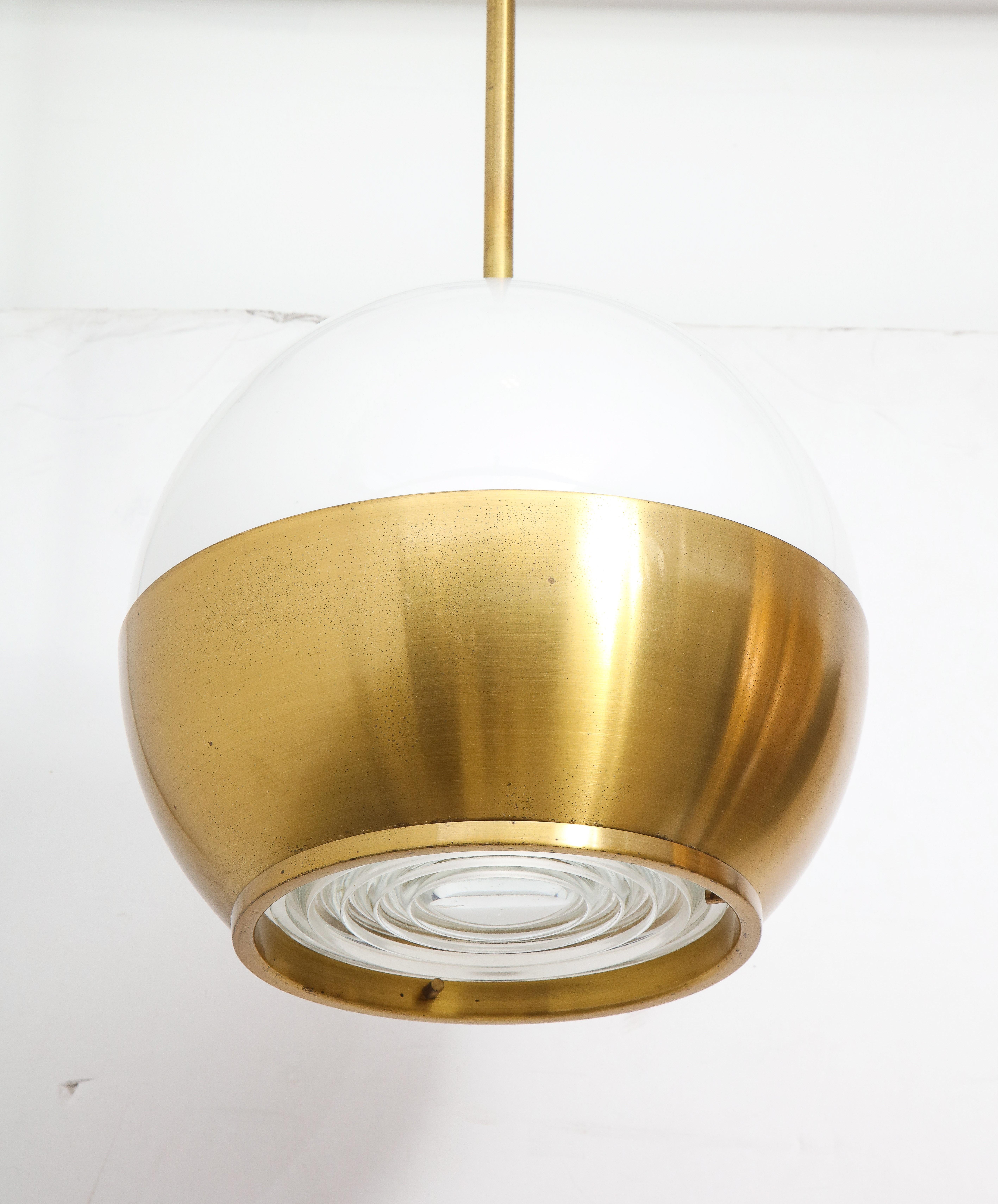 Brass, Opaline and Fresnel Lens Pendant by Perzel, France, 1950's For Sale 4