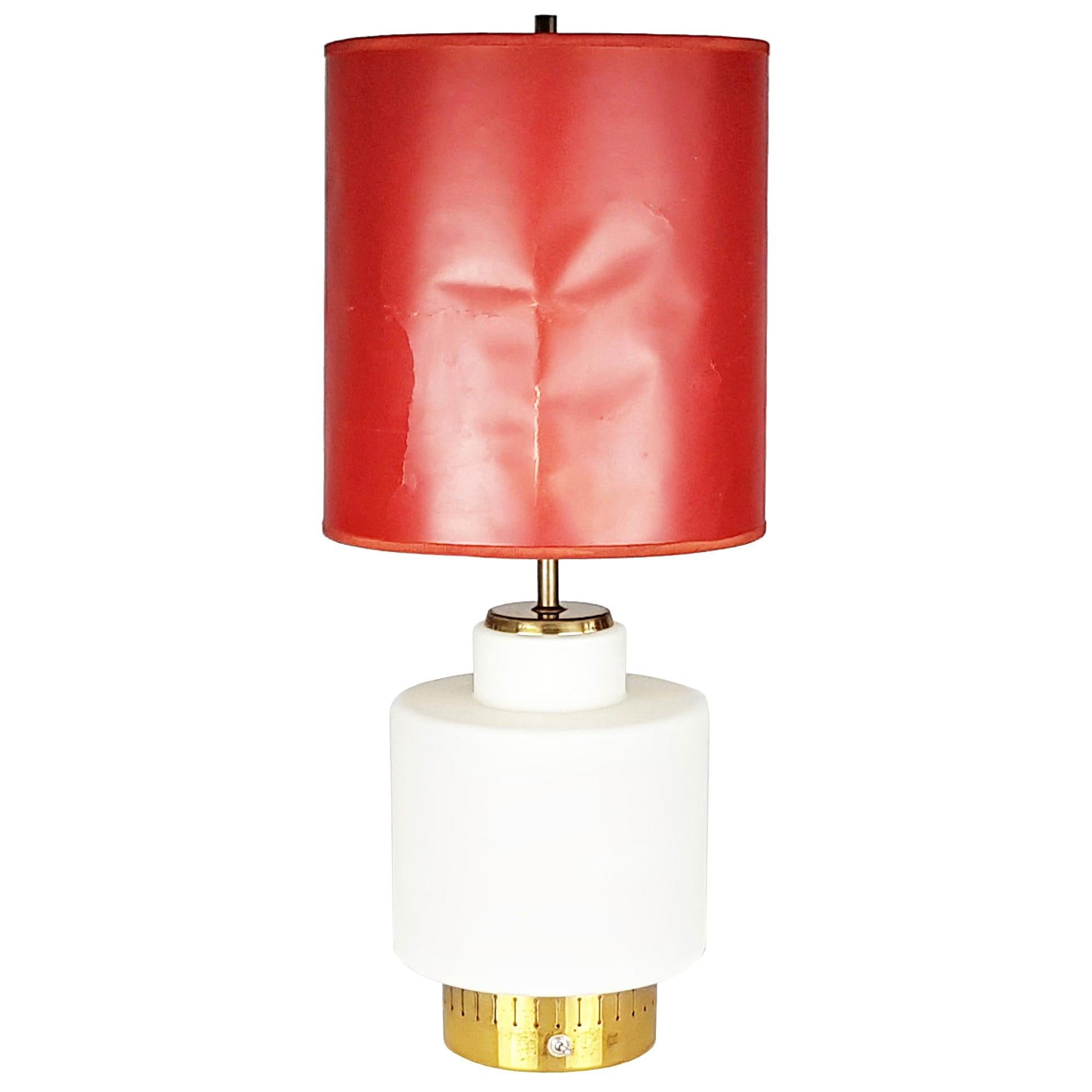 Brass & Opaline Glass 3 Lights 1959 Table Lamp by Stilnovo with Red Paper Shade