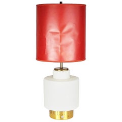 Brass & Opaline Glass 3 Lights 1959 Table Lamp by Stilnovo with Red Paper Shade