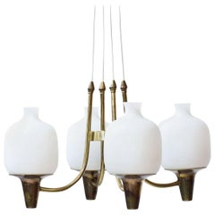 Brass 
Opaline Glass Ceiling Lamp, Sweden, 1950s