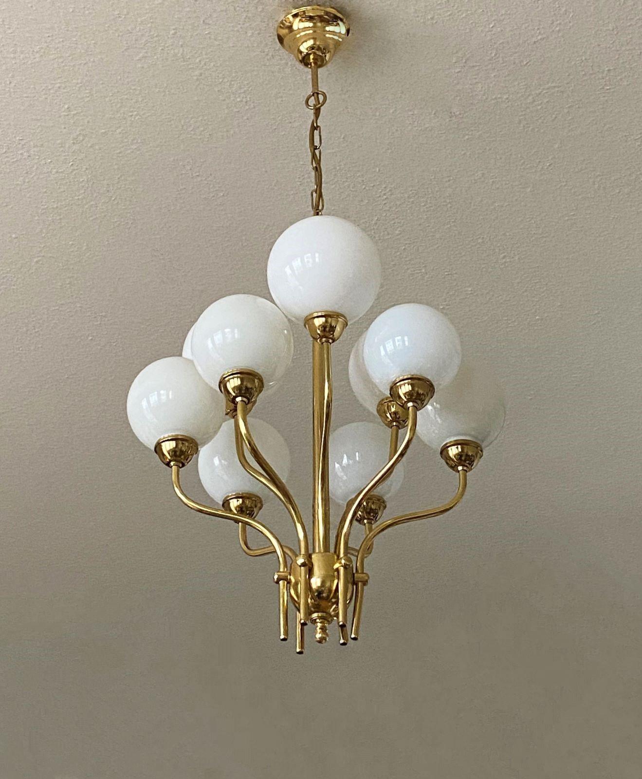 Gilt Fontana Art Style Opaline Glass Brass Nine-Light Chandelier Brass, Italy, 1950s For Sale