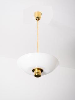 Brass & Opaline Glass Pendant Light in the Manner of Paavo Tynell, Finland