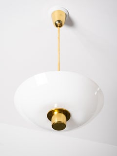 Brass & Opaline Glass Pendant Light in the Manner of Paavo Tynell, Finland