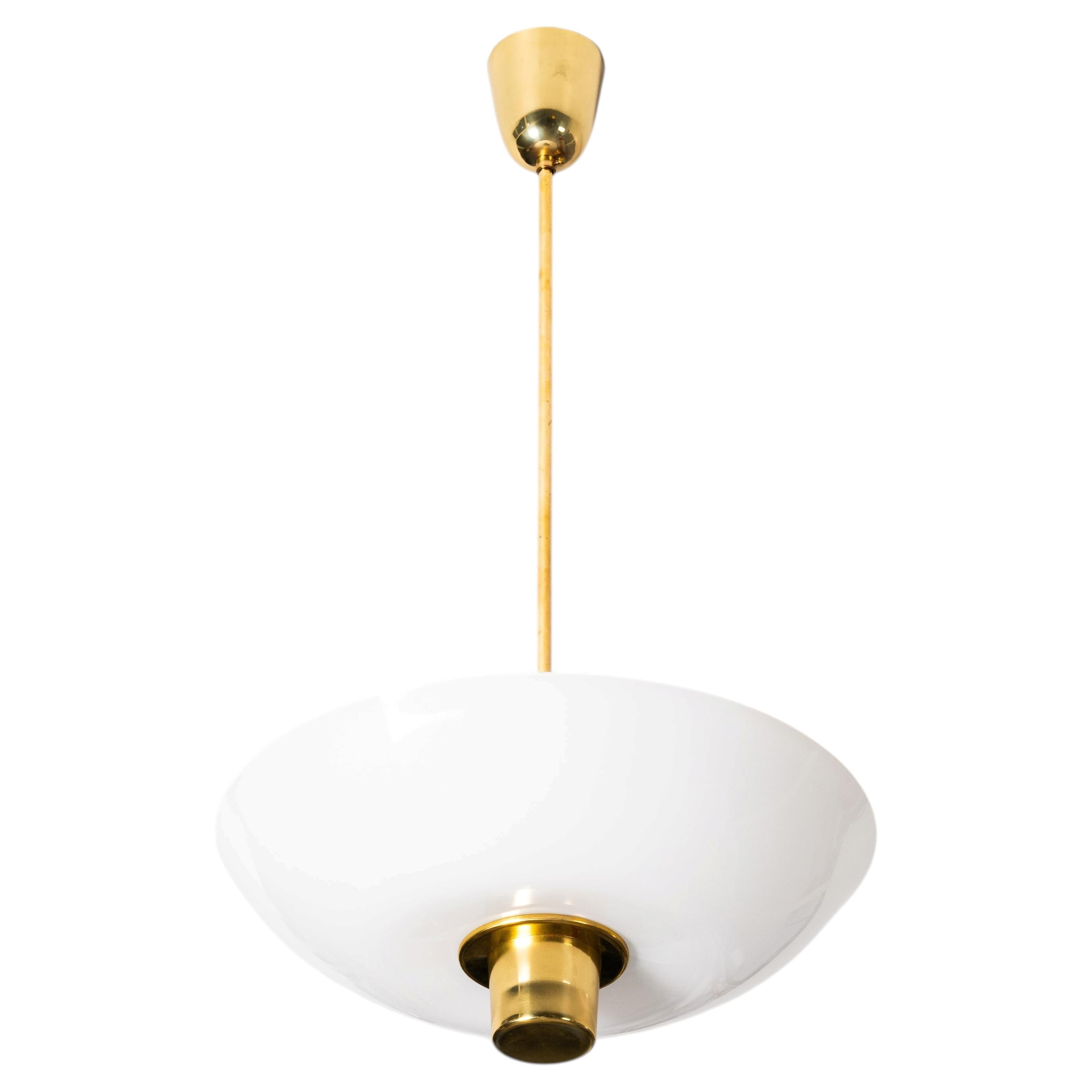 Brass & Opaline Glass Pendant Light in the Manner of Paavo Tynell, Finland