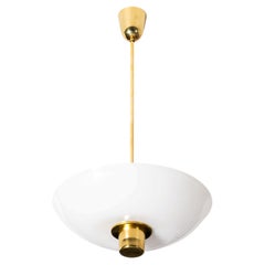 Brass & Opaline Glass Pendant Light in the Manner of Paavo Tynell, Finland