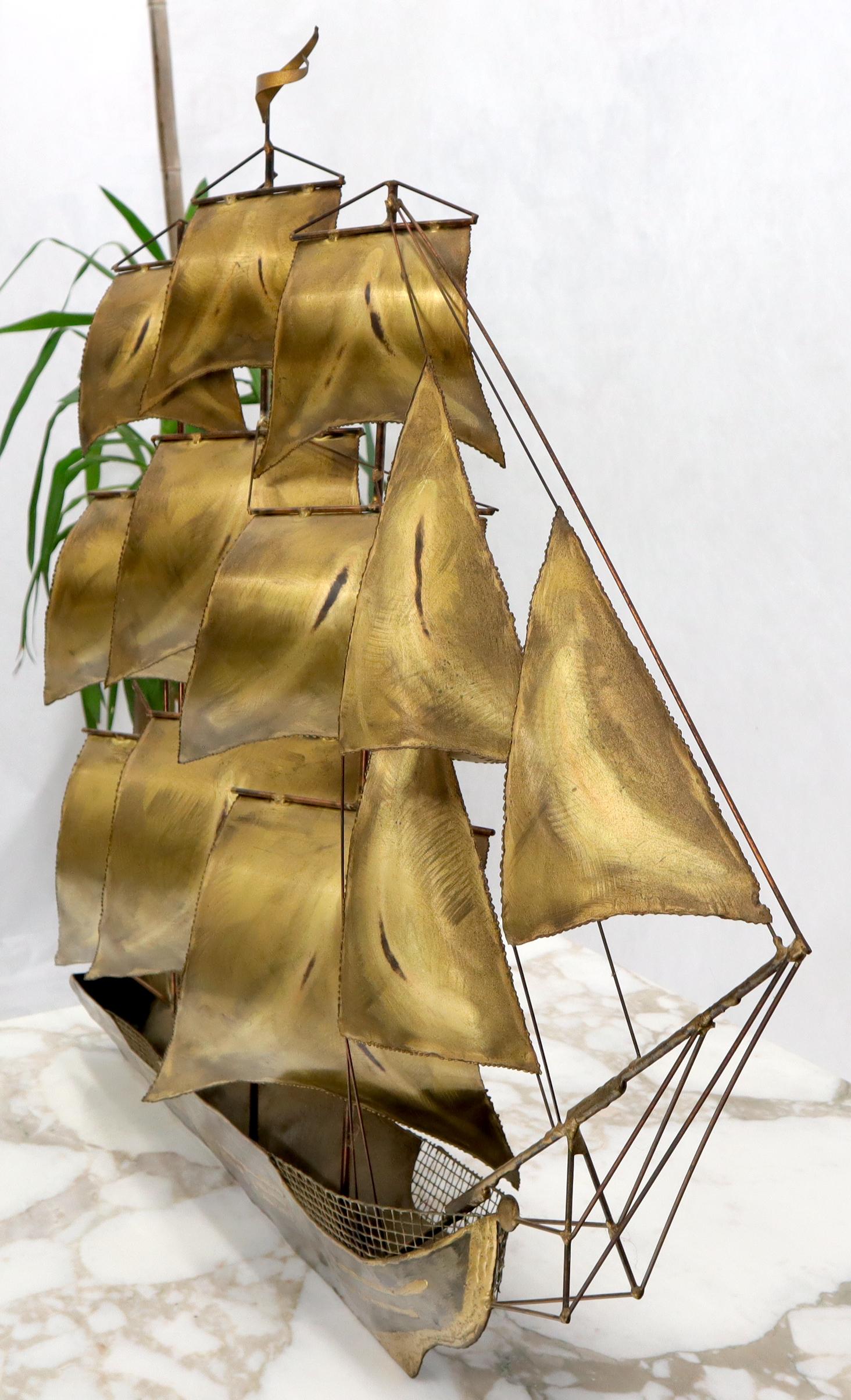 Mid-Century Modern Brass or Bronze Sheet Metal Wall Art Sculpture of a Sail Boat For Sale