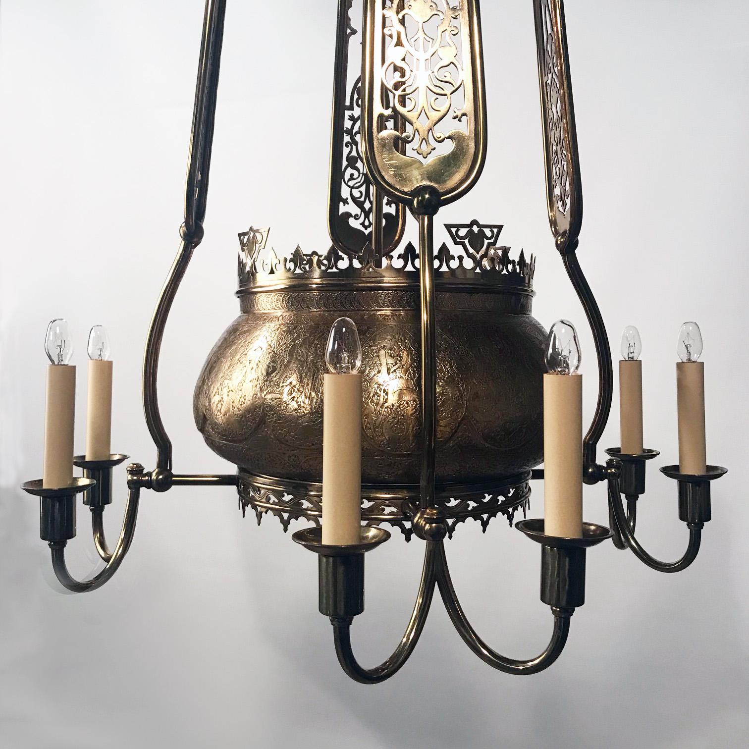French Brass Oriental Eight-Arm Chandelier For Sale