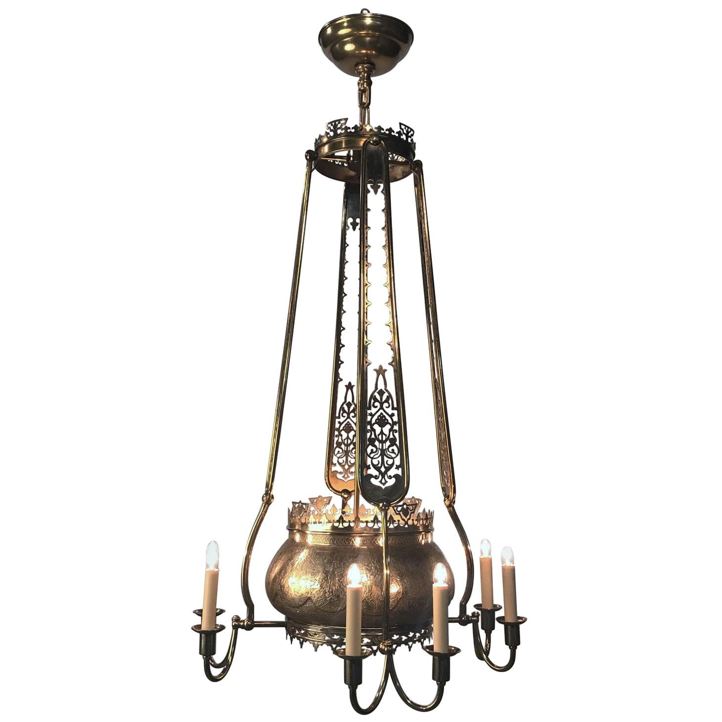 Brass Oriental Eight-Arm Chandelier For Sale