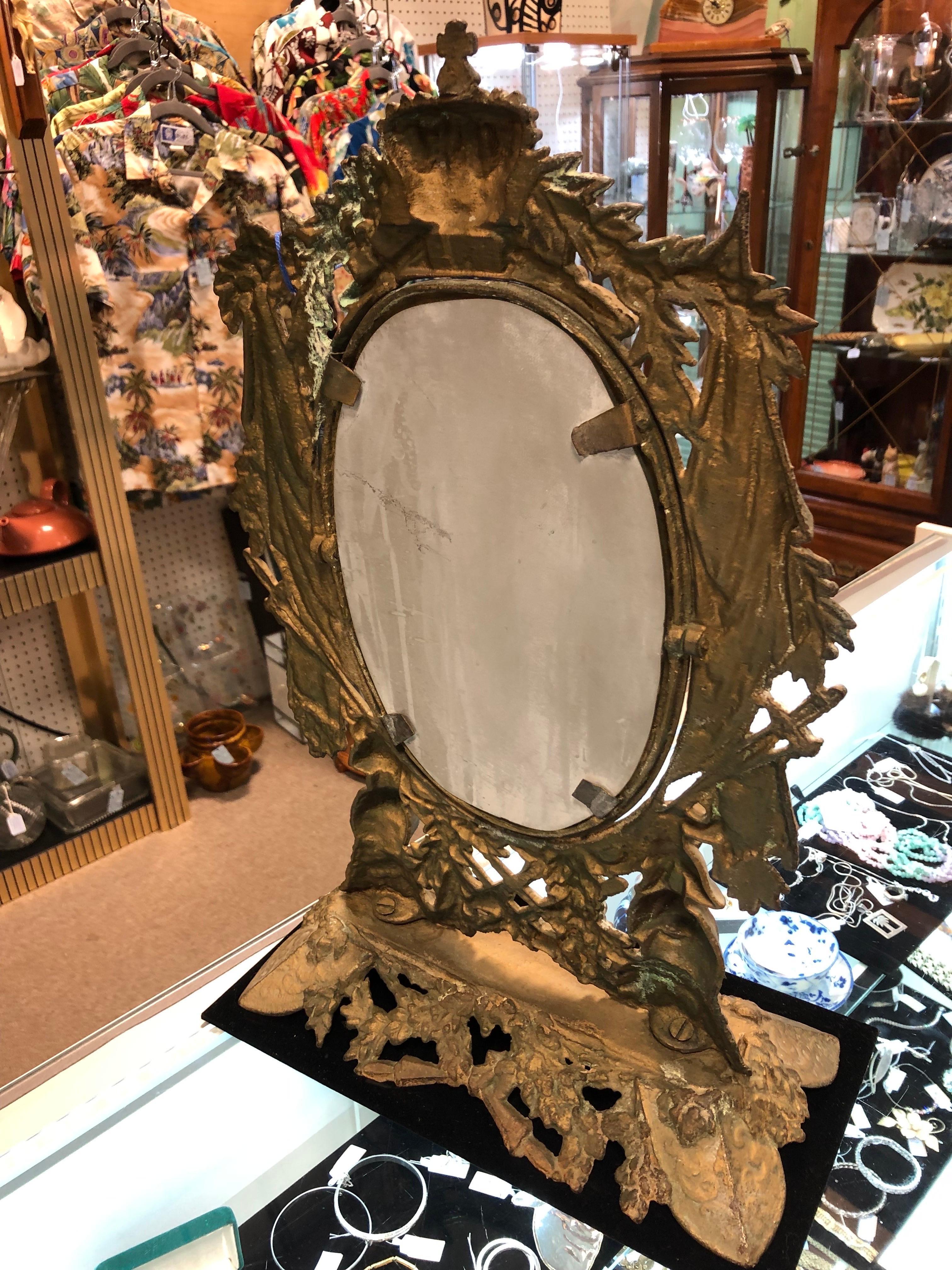 Hand-Crafted Brass Ornate Vanity Table Mirror on Stand