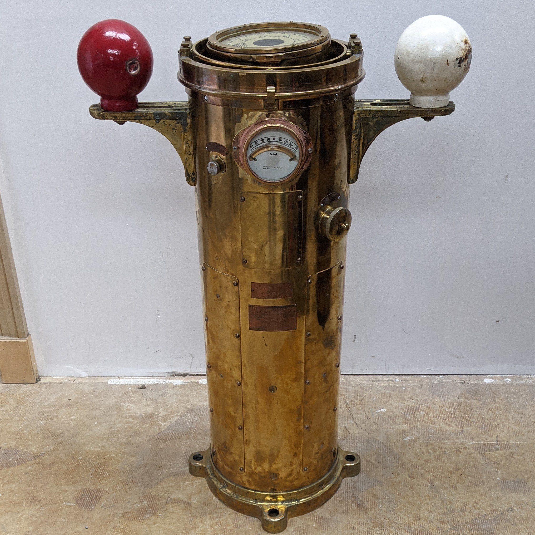 This is a Salvaged 1964 brass Osaka works Binnacle, a piece of maritime history that has been rescued from being lost forever. The binnacle housing, as well as the original compass before it was replaced, was crafted in Osaka, Japan by the renowned