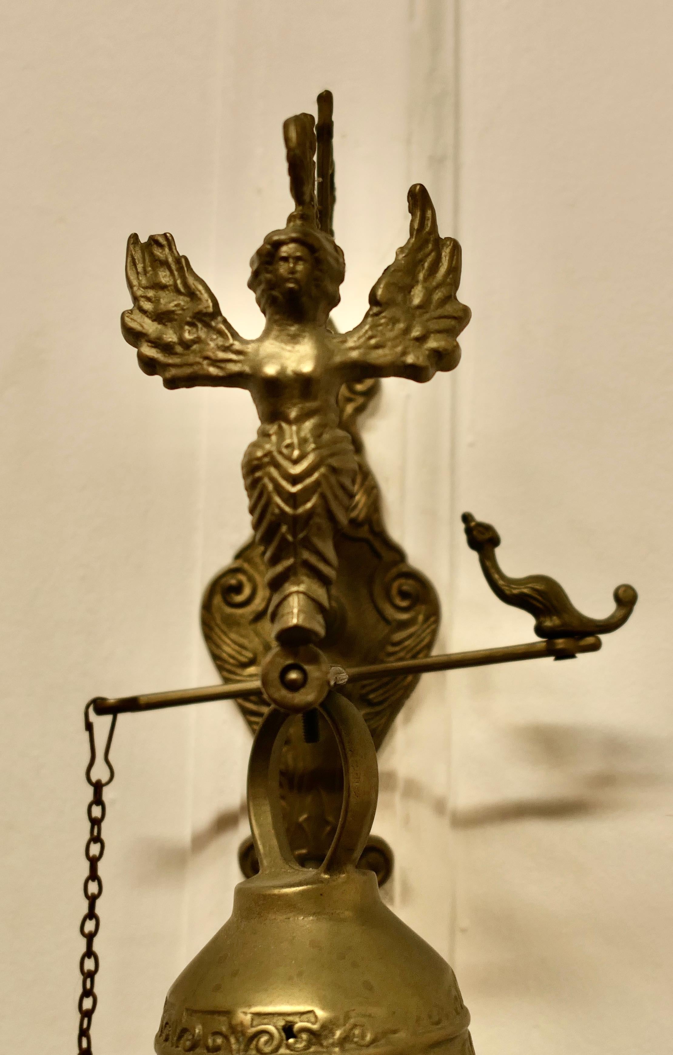 Brass Outdoor Door Bell on Hanging Bracket with Chain Pull In Good Condition In Godshill, Isle of Wight