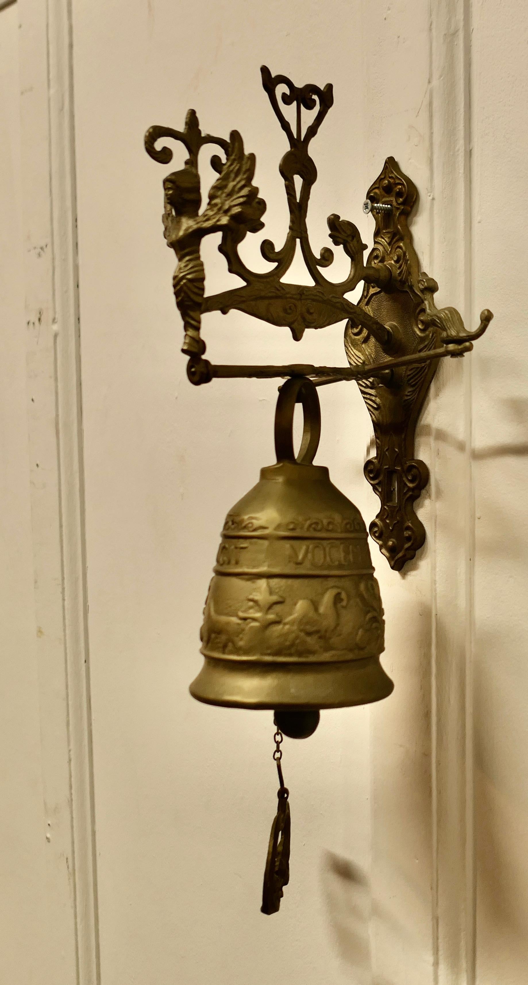 Early 20th Century Brass Outdoor Door Bell on Hanging Bracket with Chain Pull