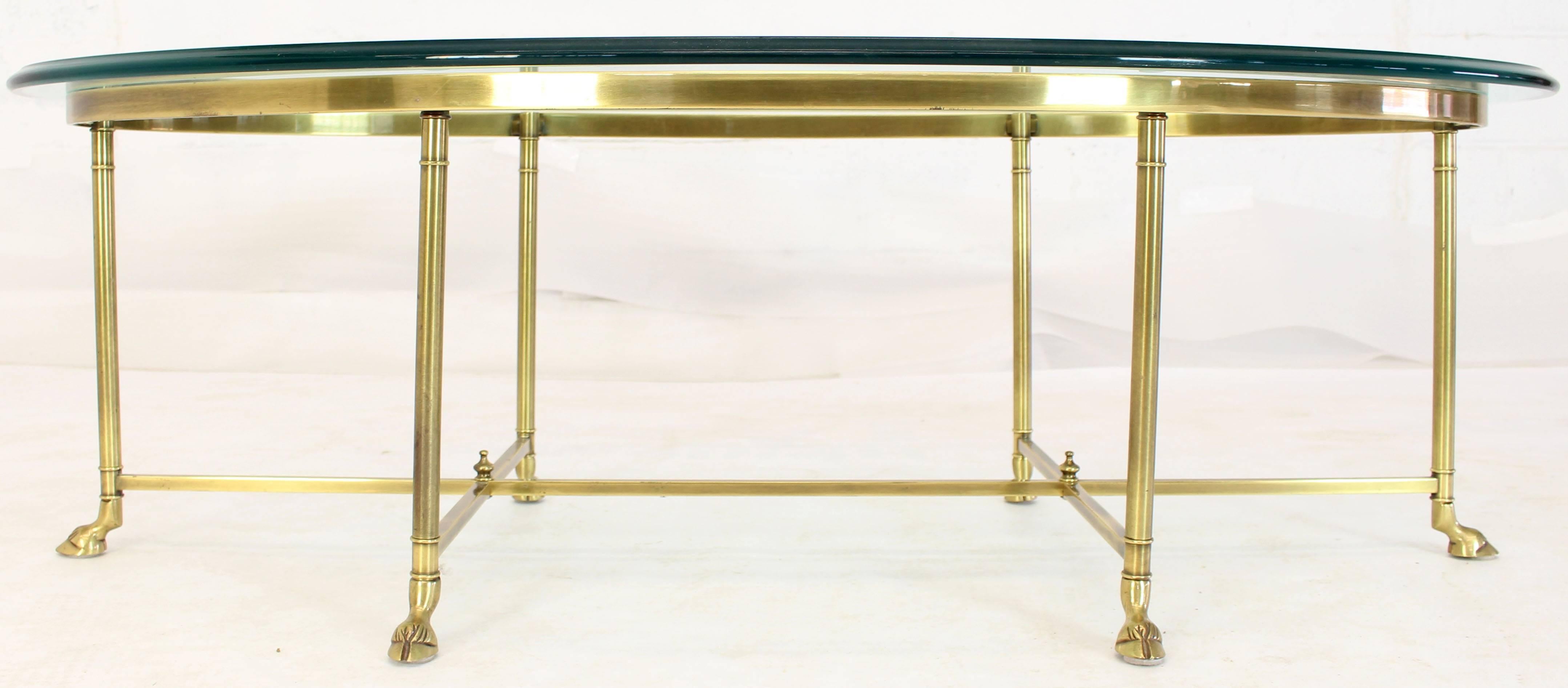 Beveled Brass Oval Hoof Feet Coffee Table Thick Bevelled Glass