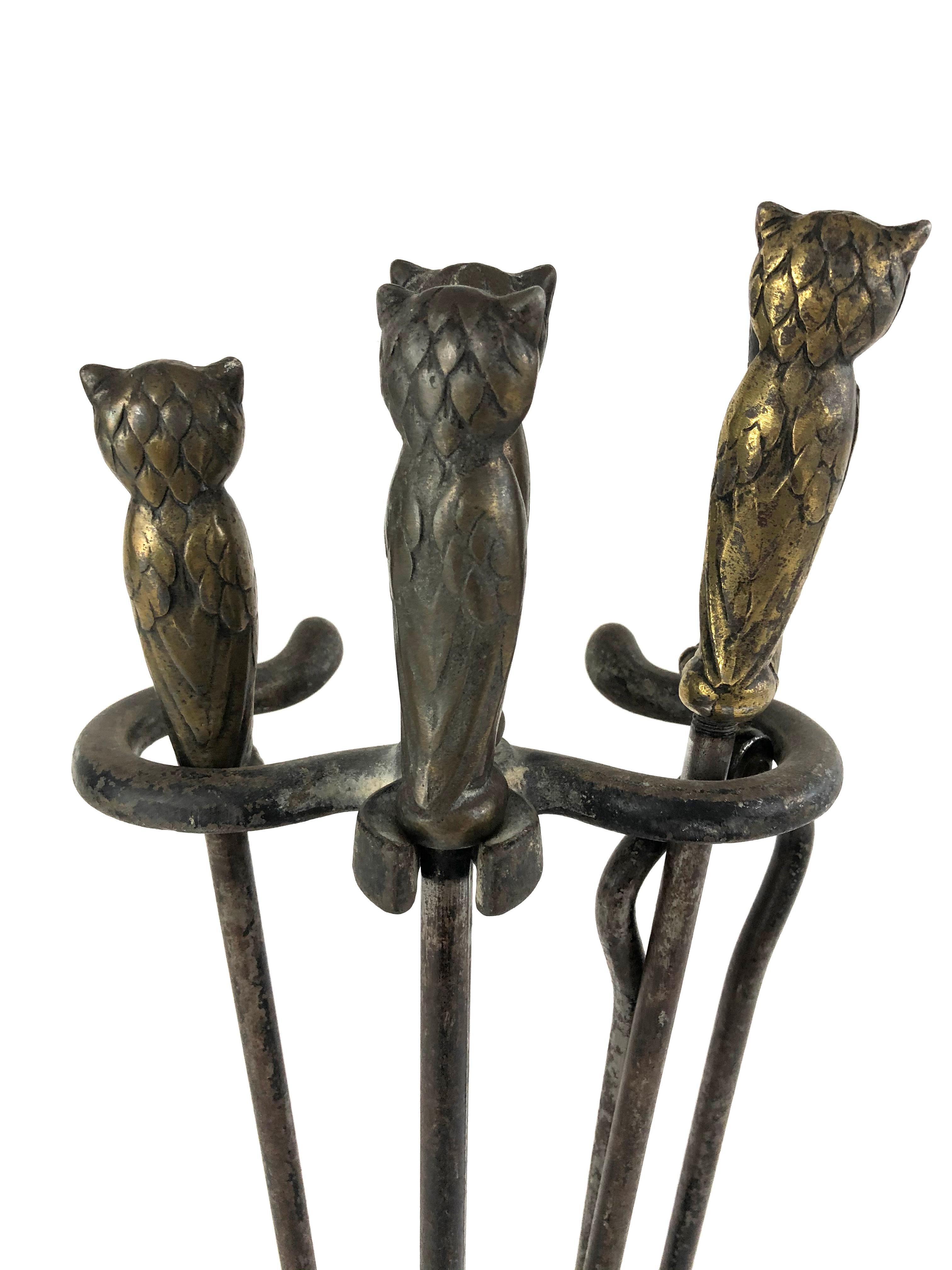 Arts and Crafts Brass Owl and Iron Fireplace Tool Set