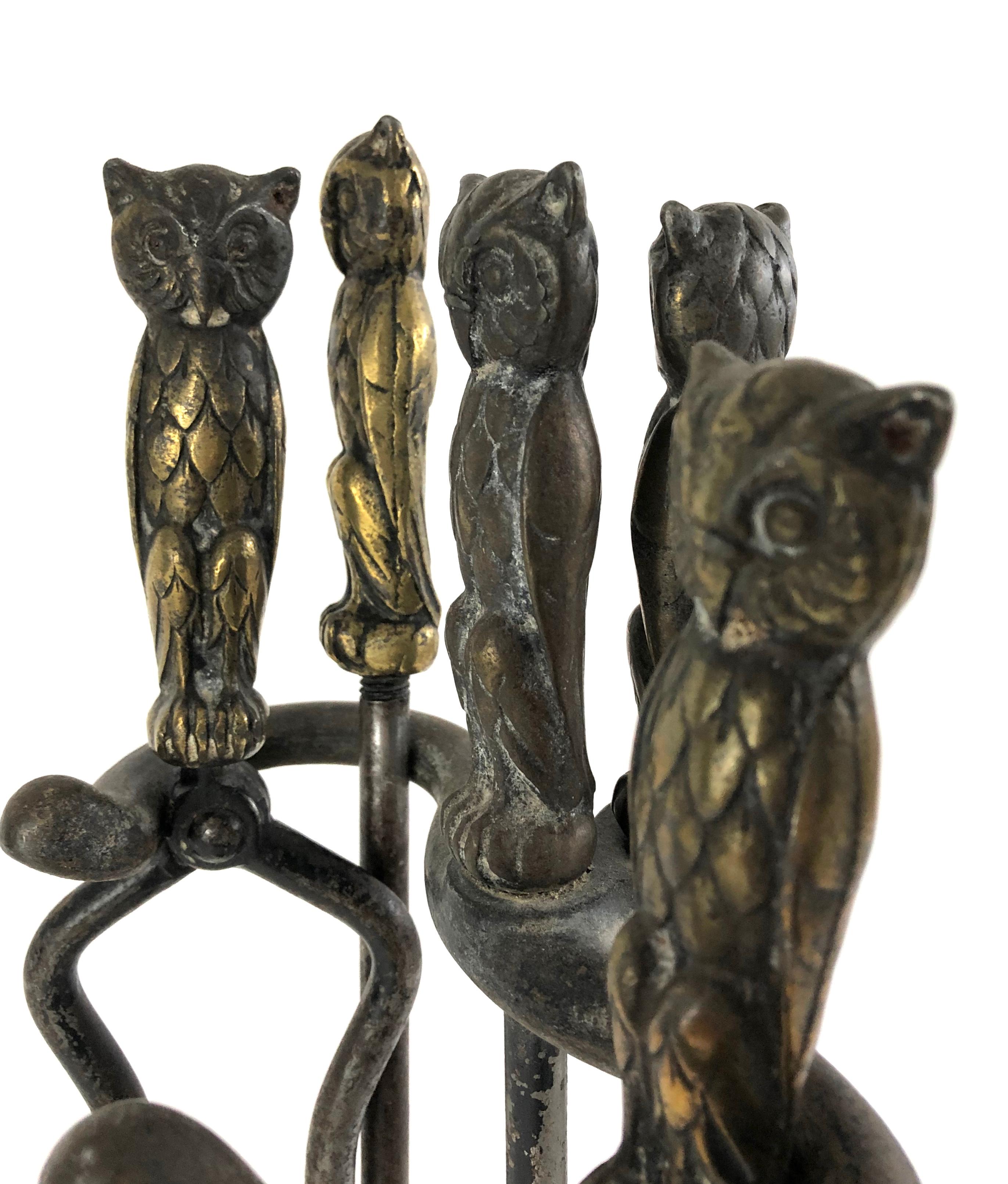 American Brass Owl and Iron Fireplace Tool Set