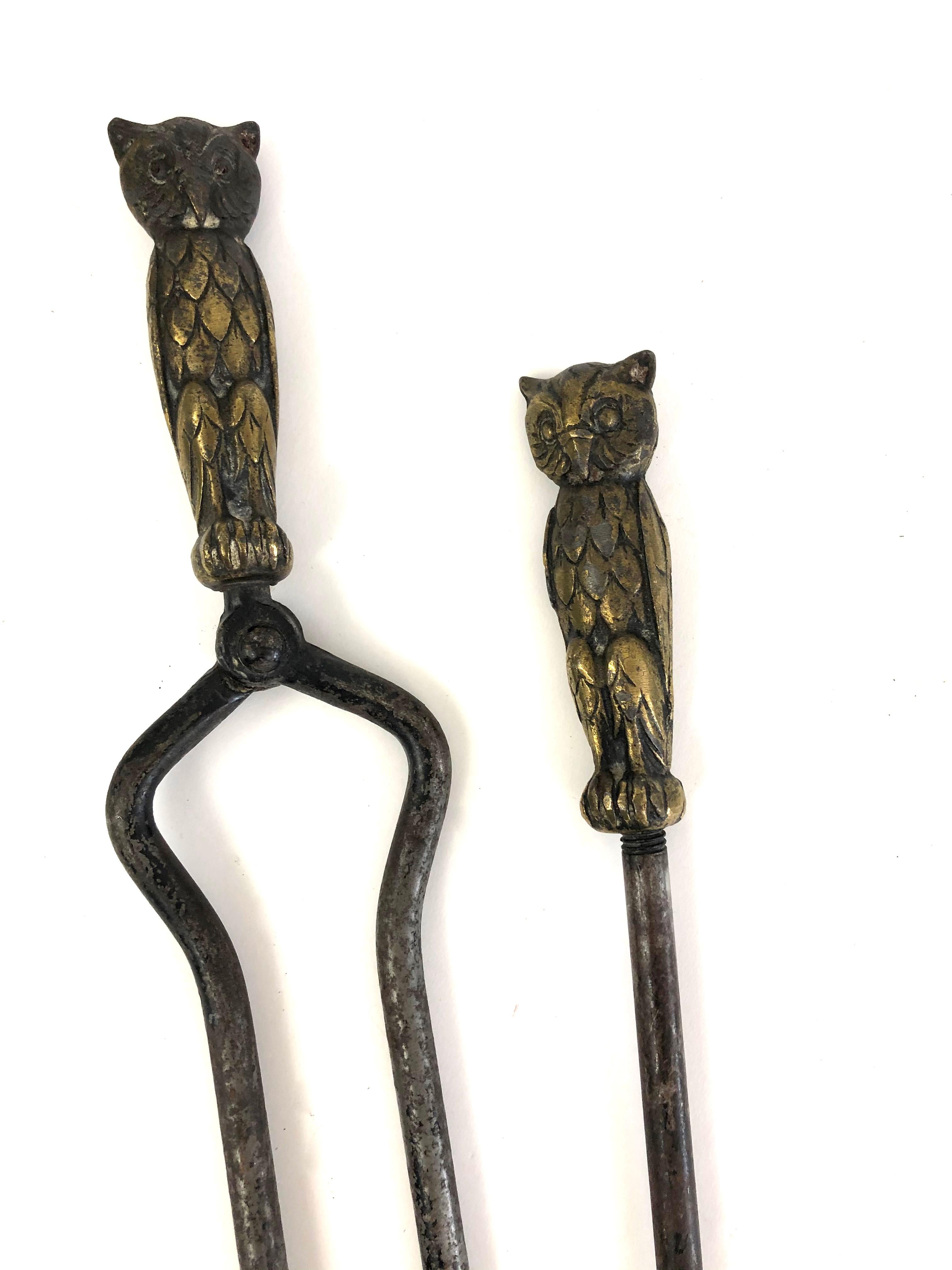 20th Century Brass Owl and Iron Fireplace Tool Set