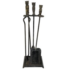 Antique Brass Owl and Iron Fireplace Tool Set