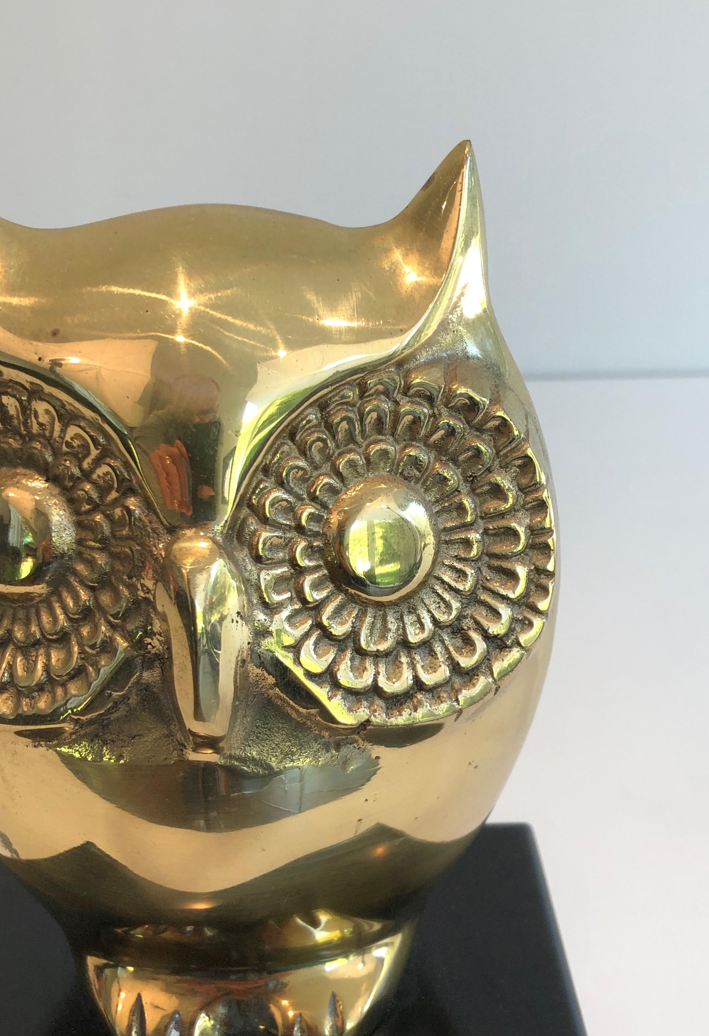 Brass Owl on Black Lacquered Wooden Stand, French, circa 1970 6