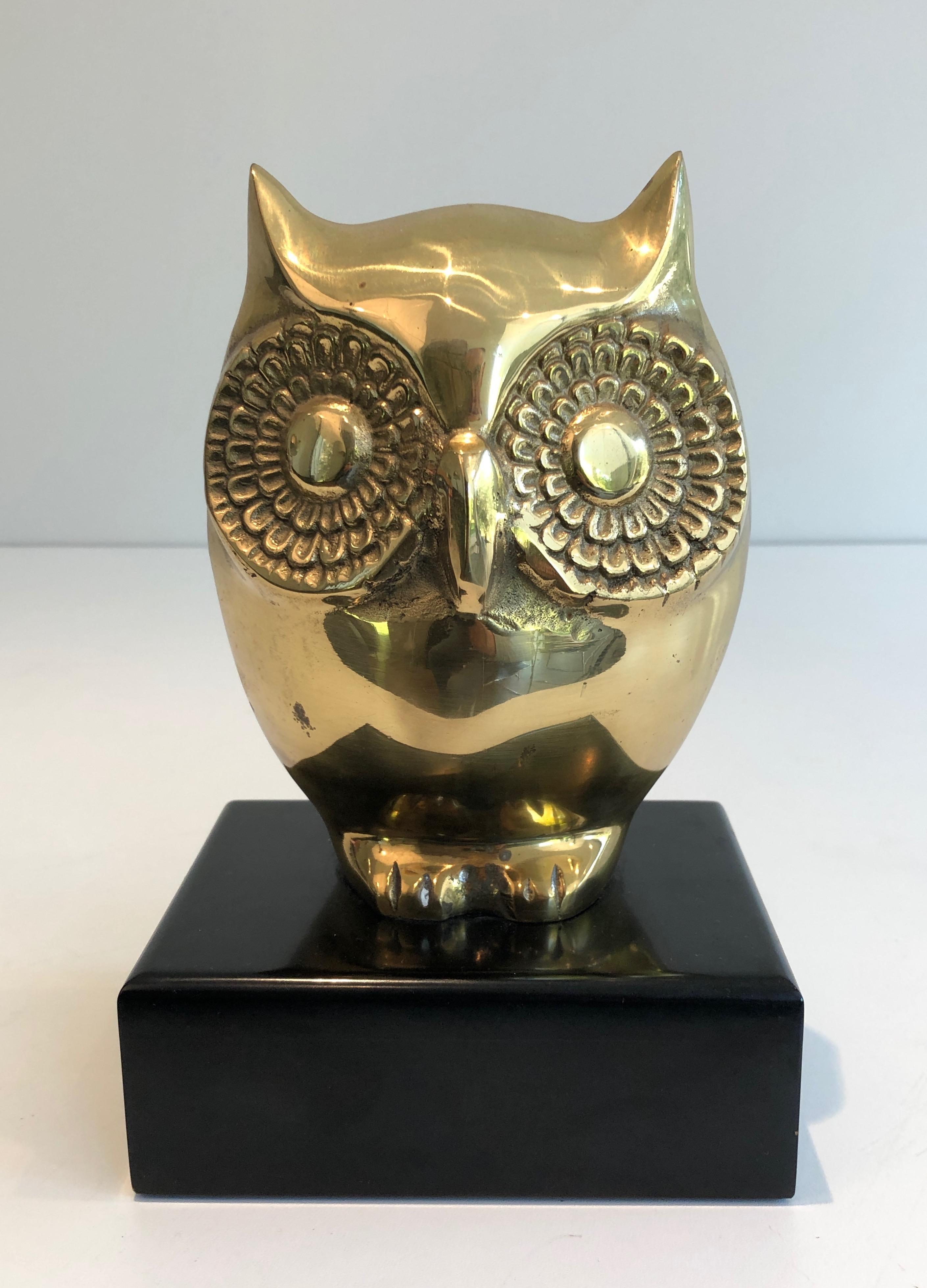  Brass Owl on Black Lacquered Wooden Stand, French, circa 1970 7