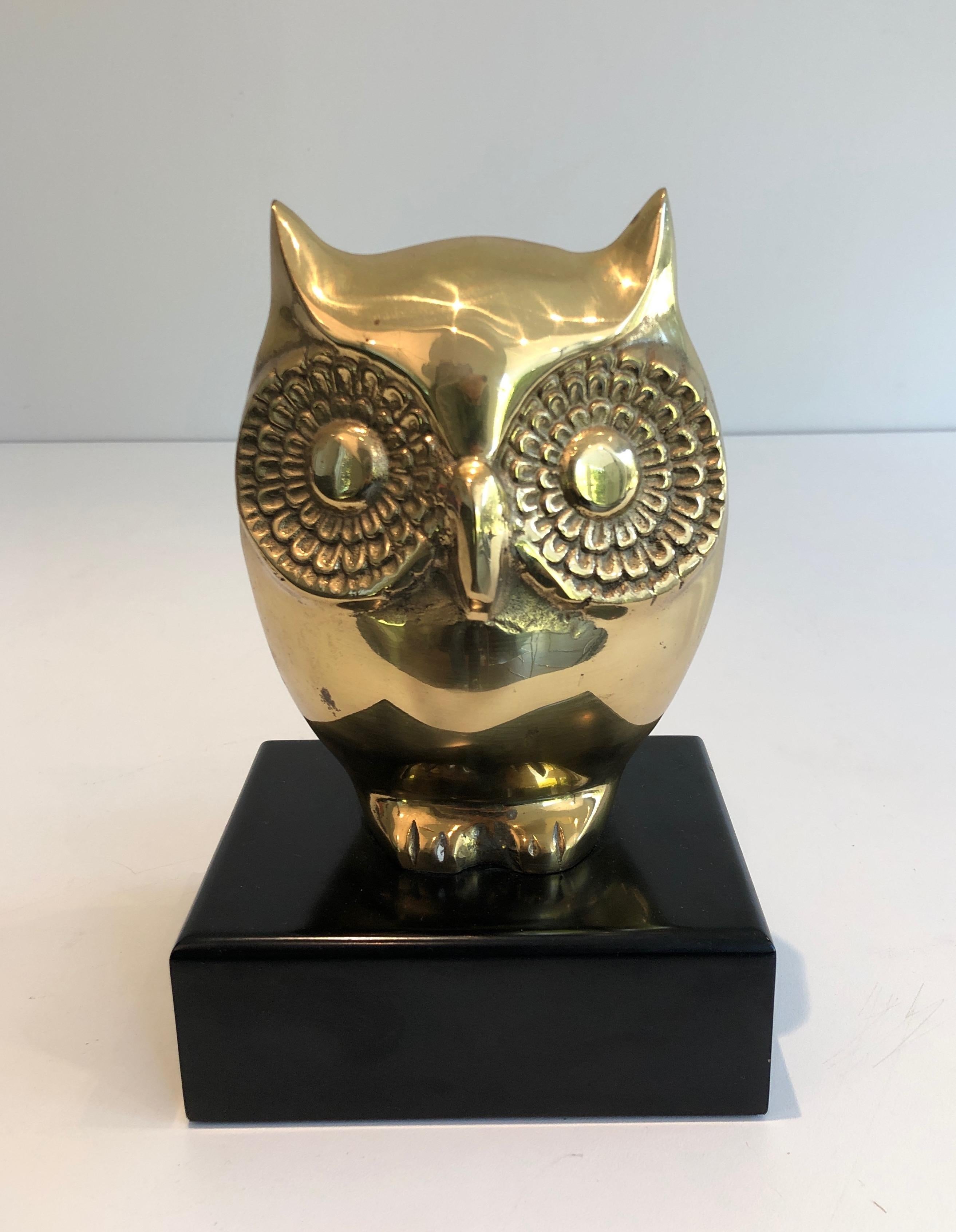  Brass Owl on Black Lacquered Wooden Stand, French, circa 1970 9