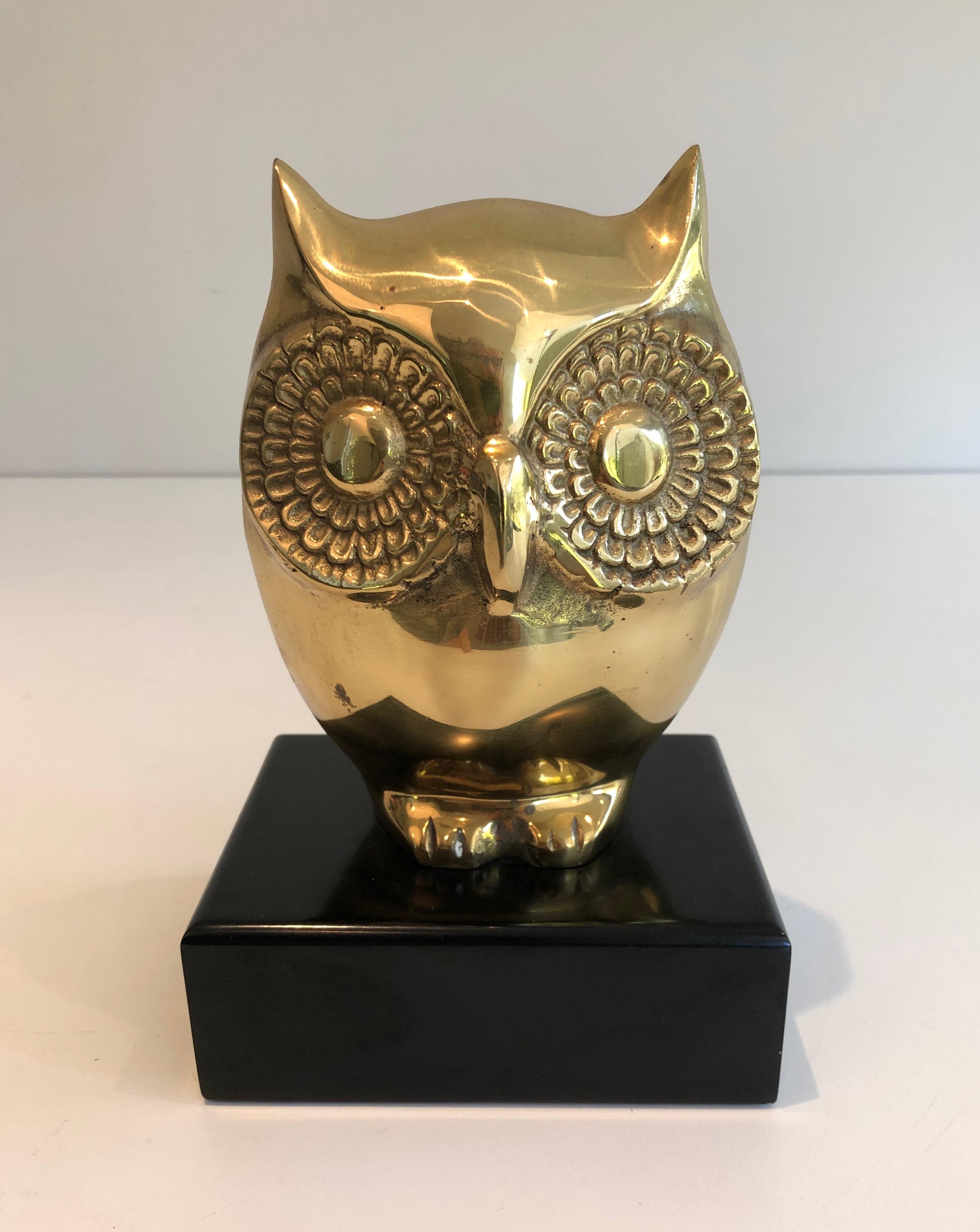  Brass Owl on Black Lacquered Wooden Stand, French, circa 1970 10