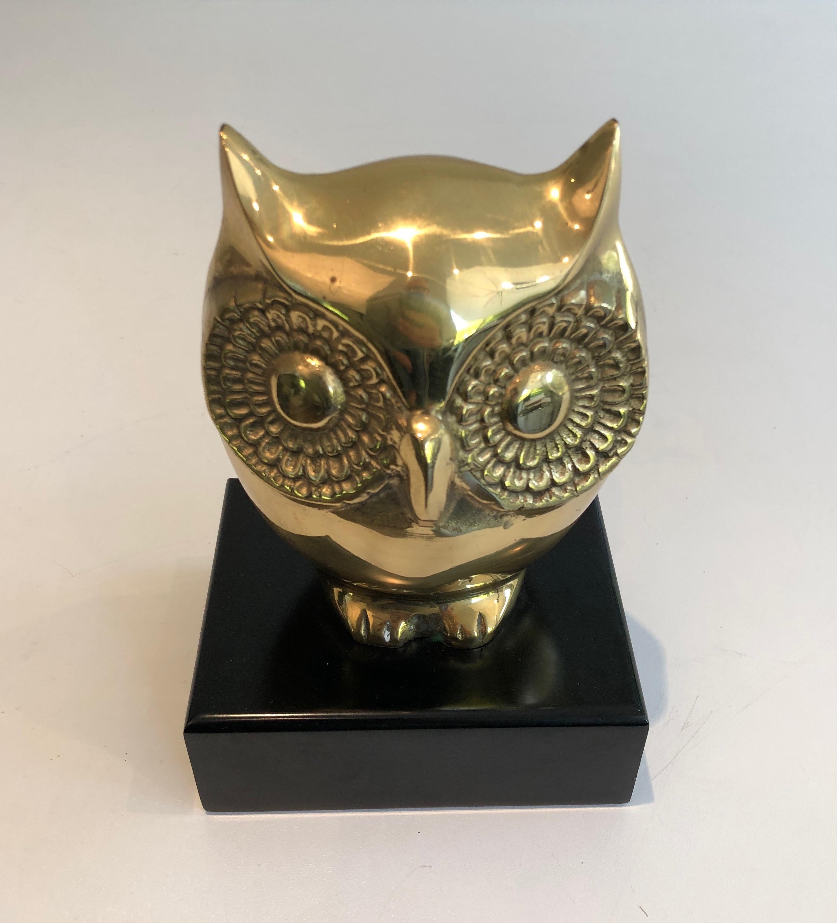 Late 20th Century  Brass Owl on Black Lacquered Wooden Stand, French, circa 1970