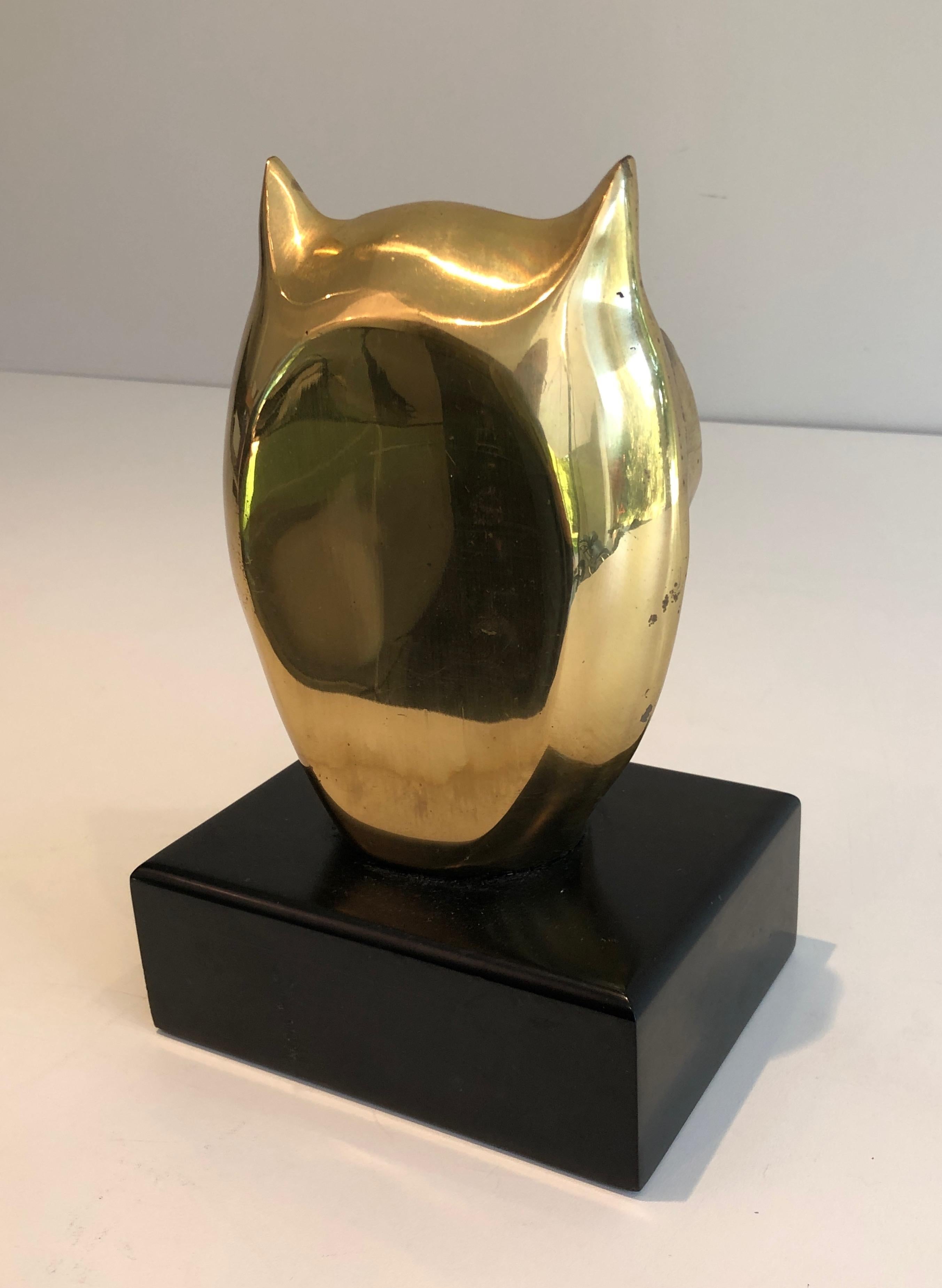 Brass Owl on Black Lacquered Wooden Stand, French, circa 1970 2
