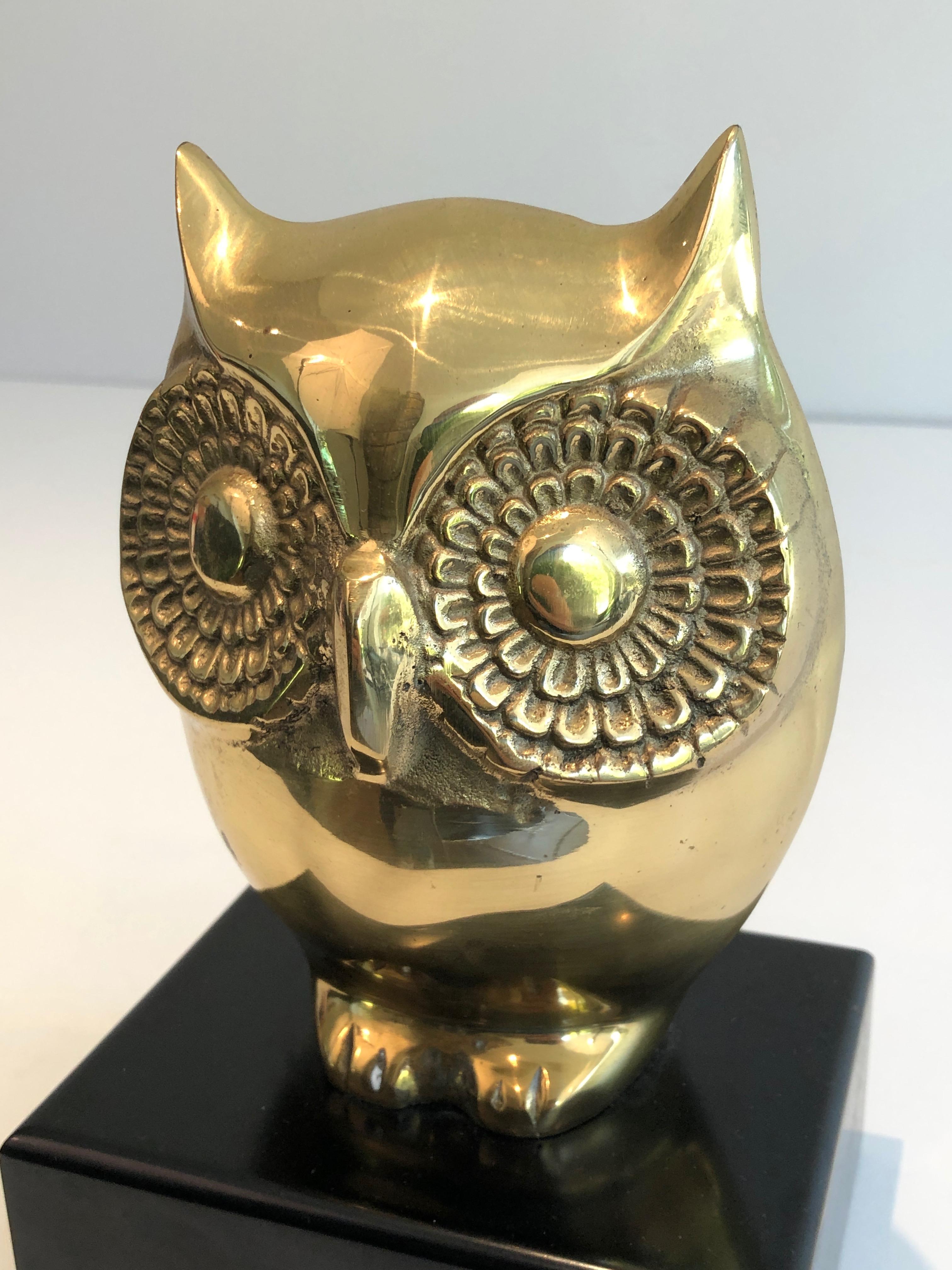 Brass Owl on Black Lacquered Wooden Stand, French, circa 1970 3