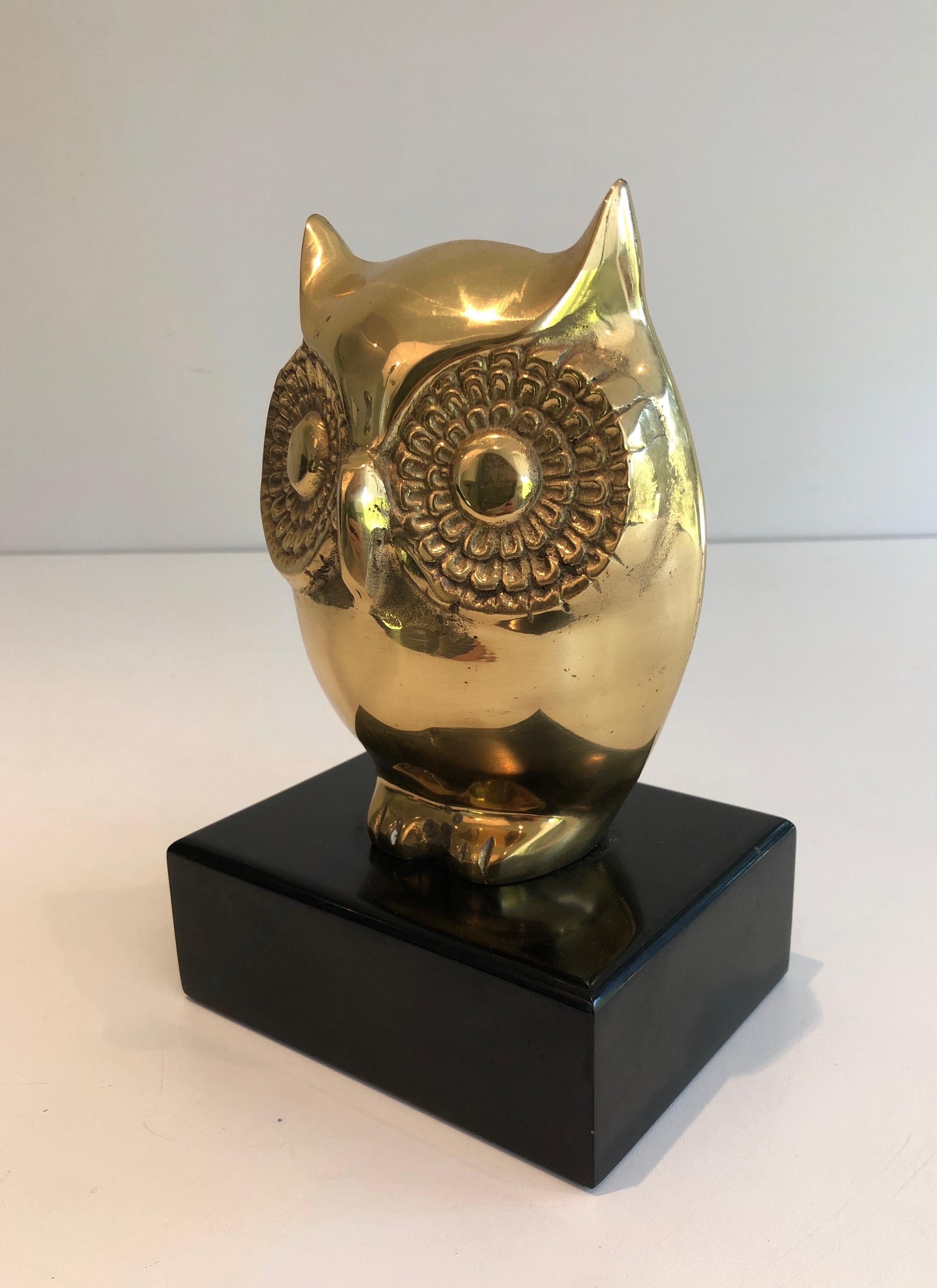  Brass Owl on Black Lacquered Wooden Stand, French, circa 1970 4