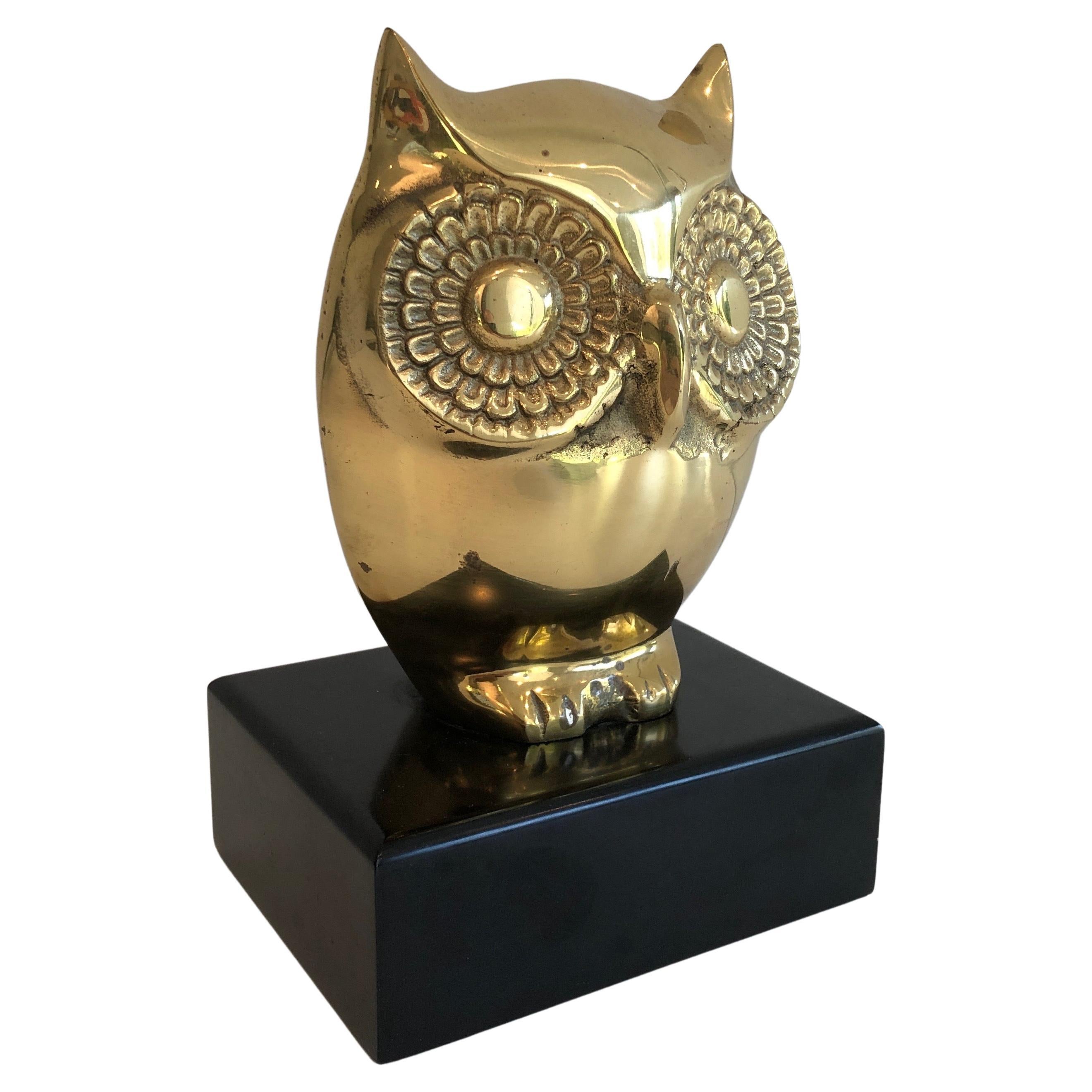  Brass Owl on Black Lacquered Wooden Stand, French, circa 1970