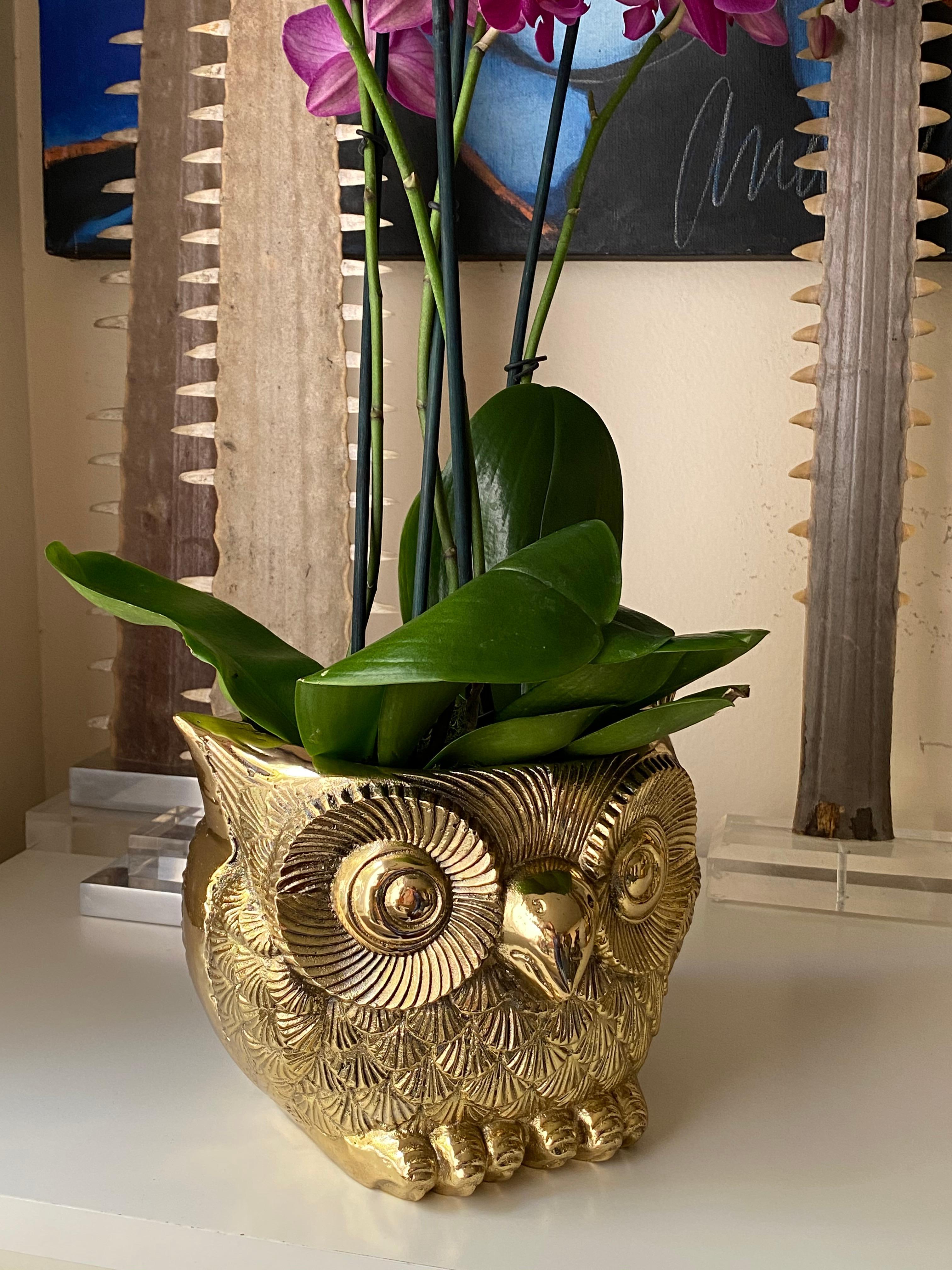 Hollywood Regency Brass Owl Planter