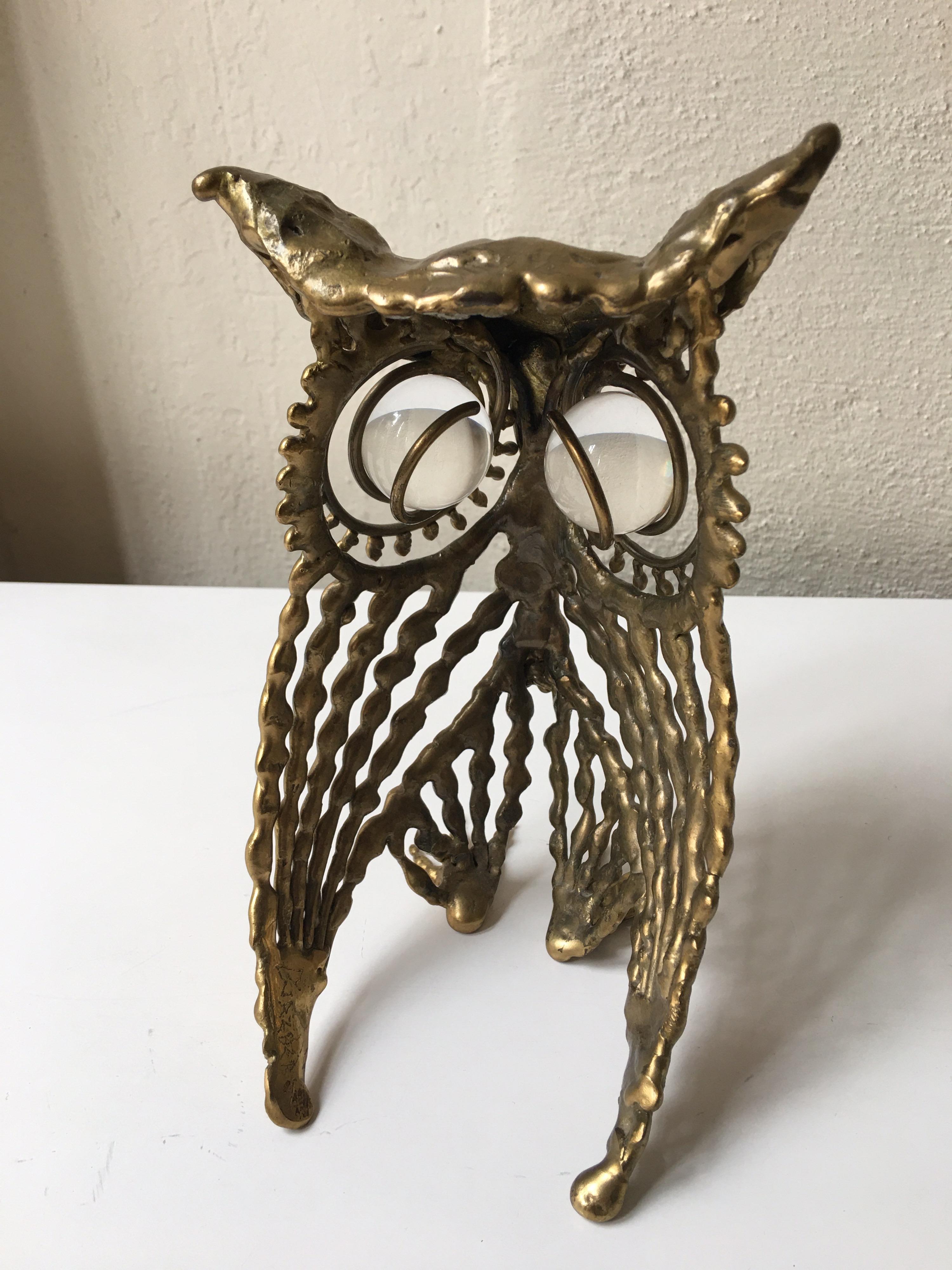 Brass Owl with Glass Eyes, 1974 In Good Condition In Philadelphia, PA