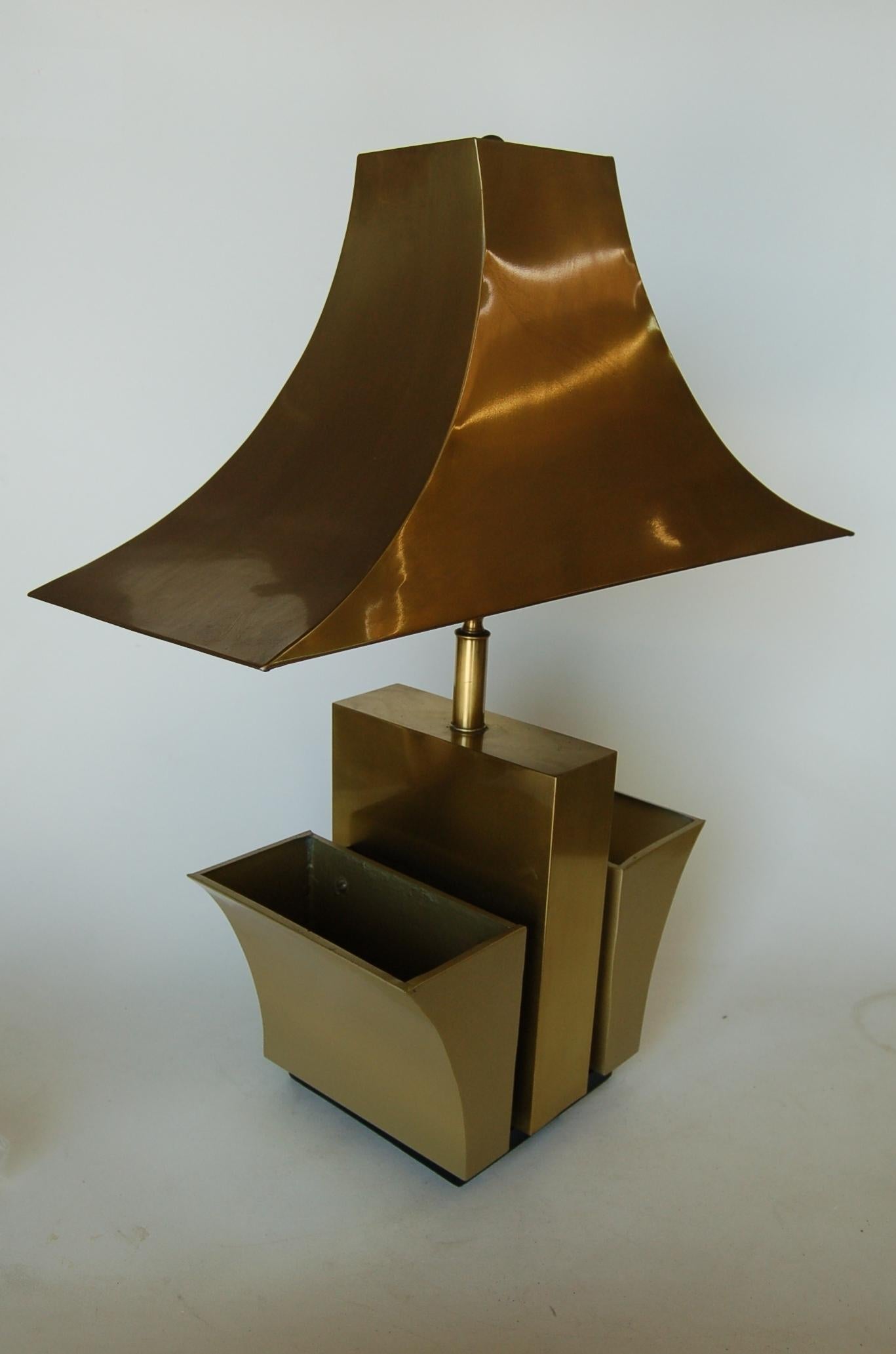 American Brass Pagoda Table Lamp with Double Planter For Sale