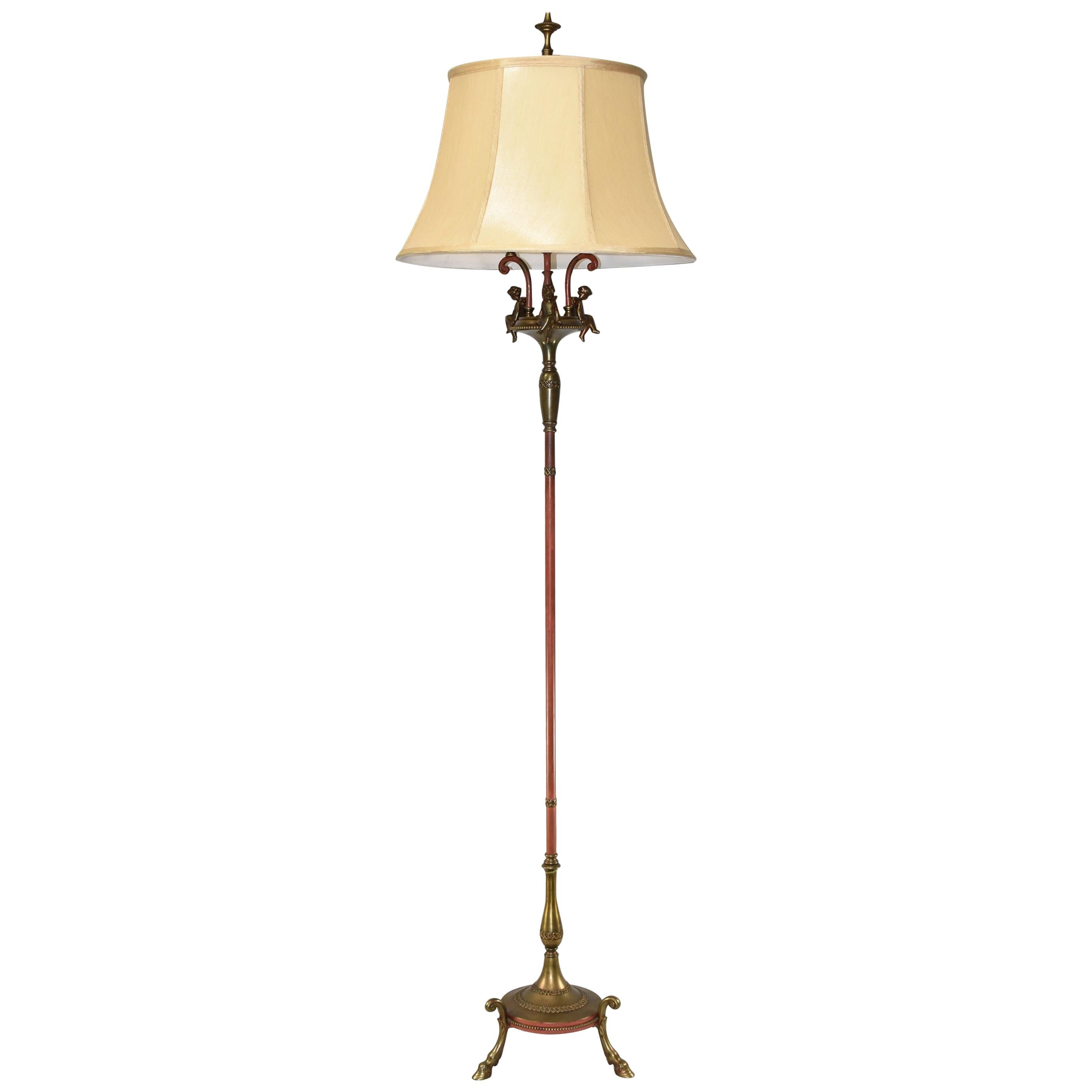 Brass and Painted Floor Lamp with Hoof Feet and Figural Cherubs