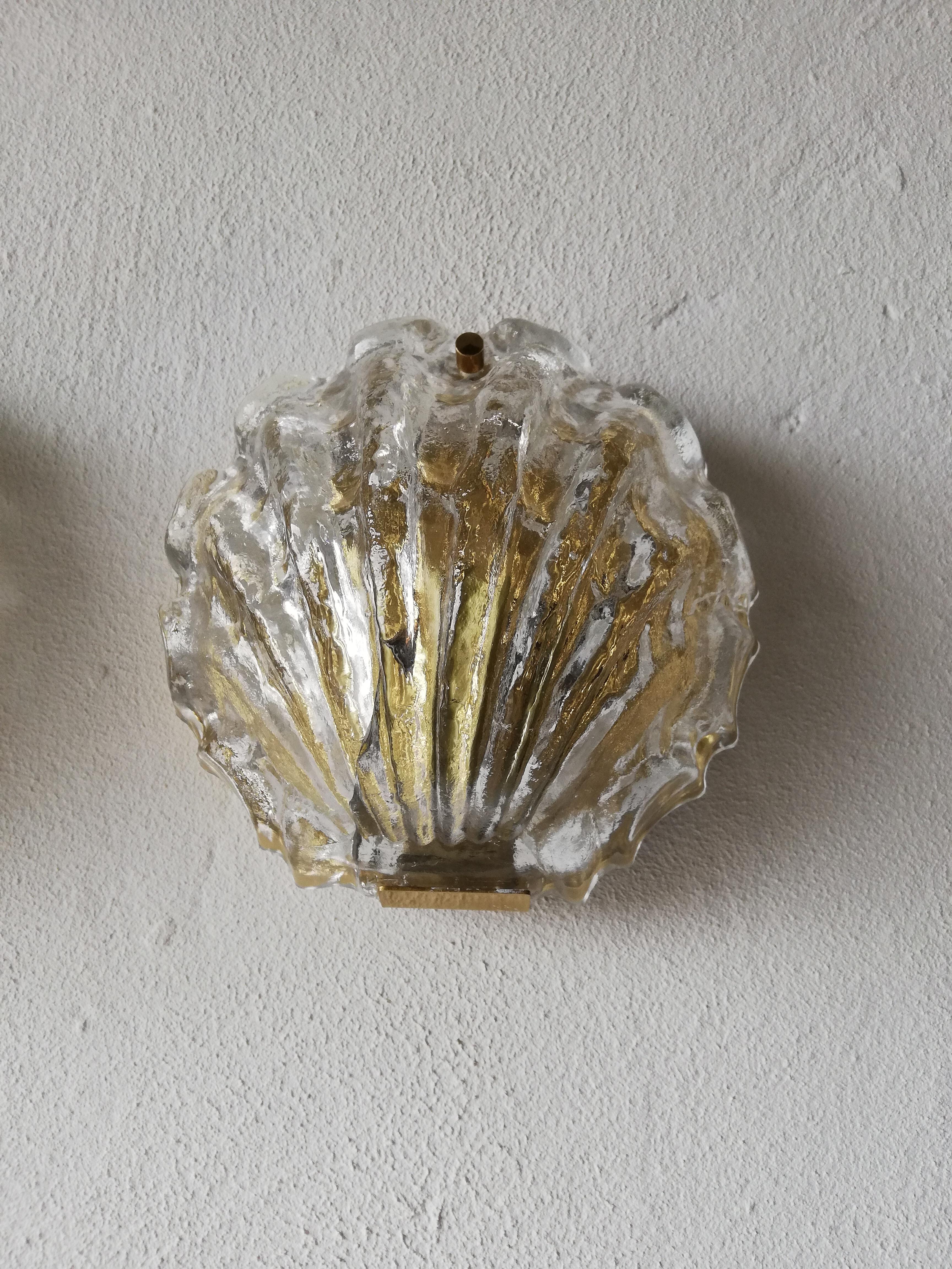 Brass Pair of Shell Shaped Limburg Sconces with Murano Glasses, Germany, 1960s In Good Condition For Sale In Hagenbach, Rheinland Pfalz