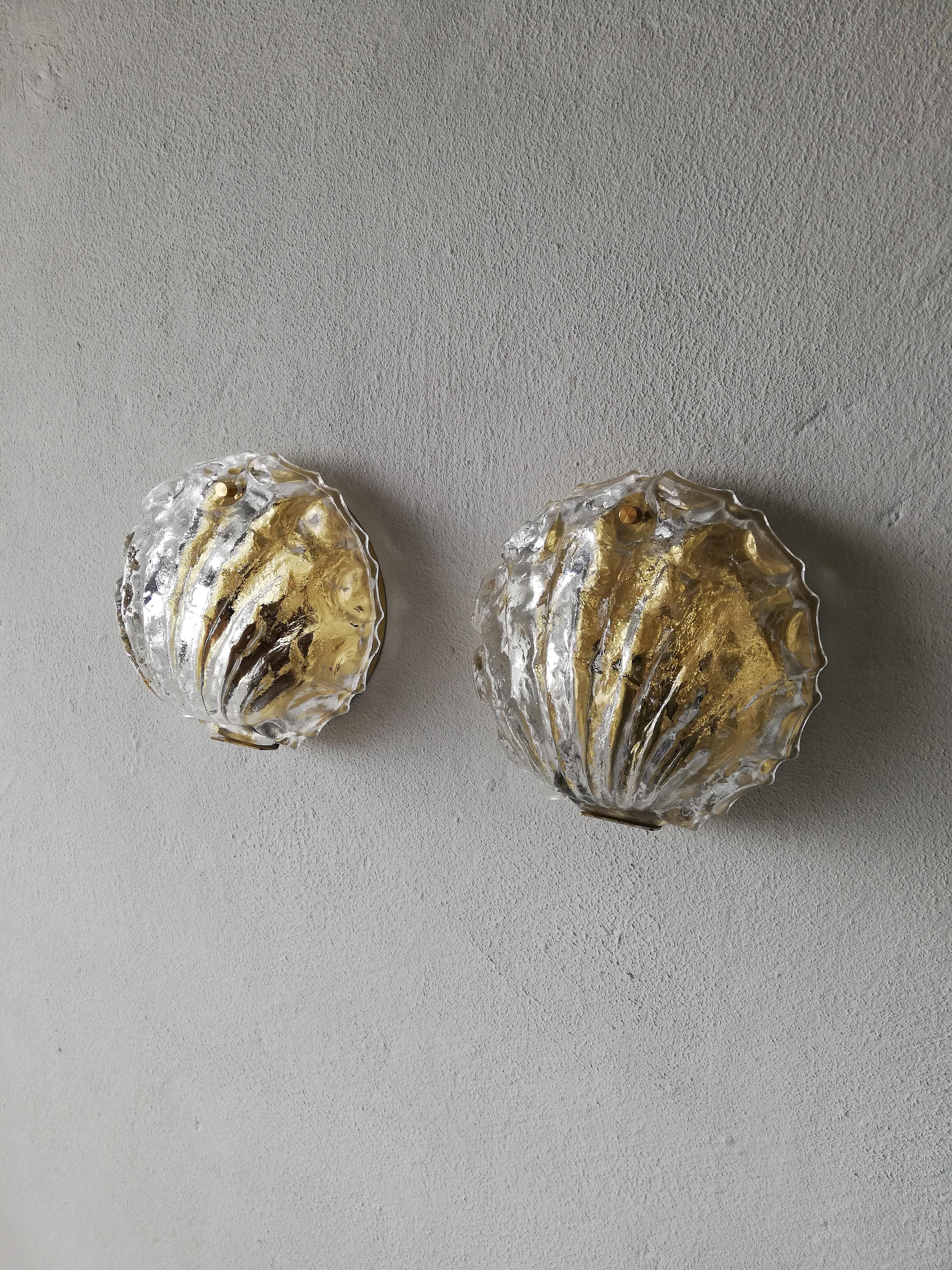 20th Century Brass Pair of Shell Shaped Limburg Sconces with Murano Glasses, Germany, 1960s For Sale