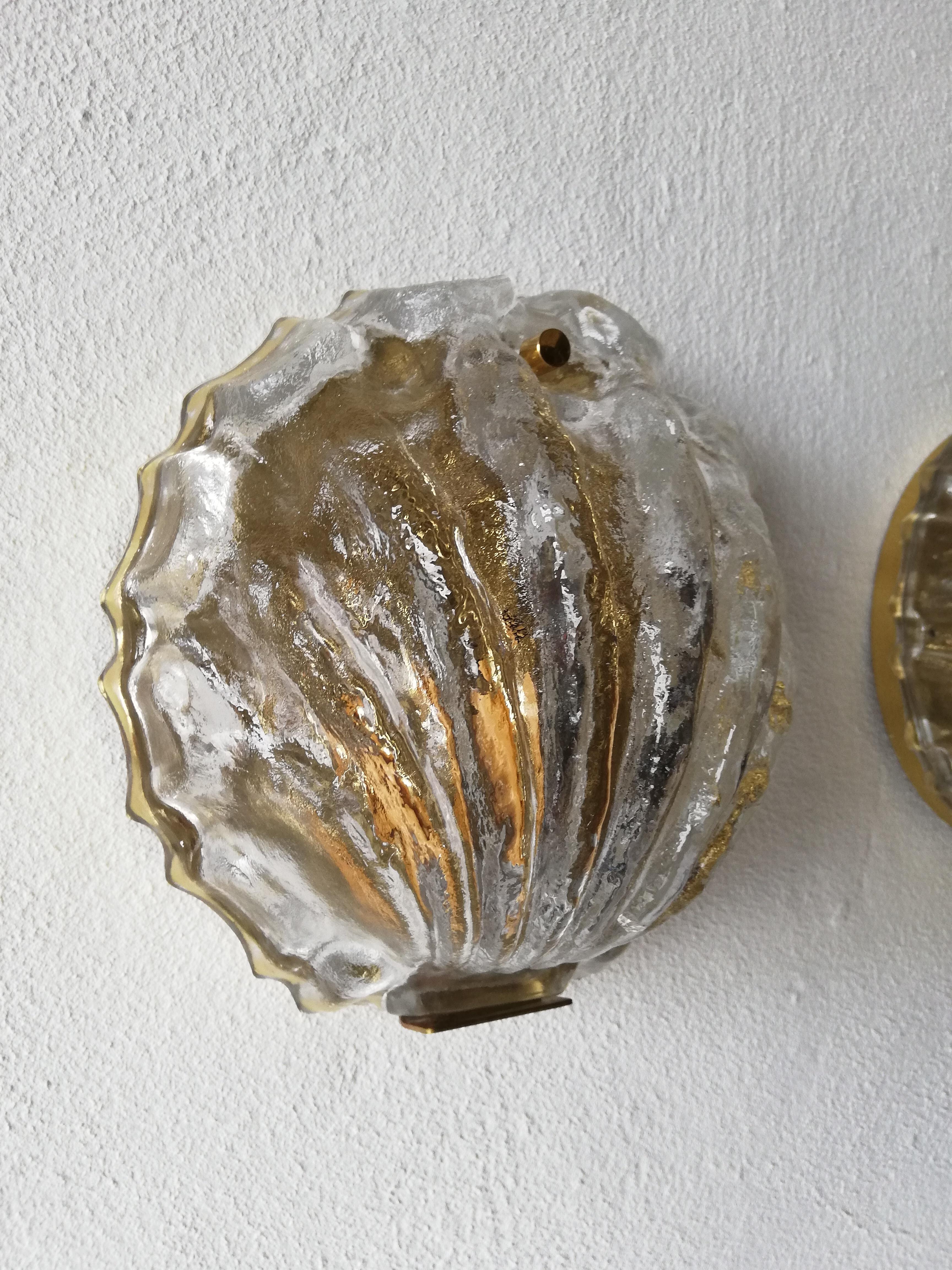 Brass Pair of Shell Shaped Limburg Sconces with Murano Glasses, Germany, 1960s For Sale 1