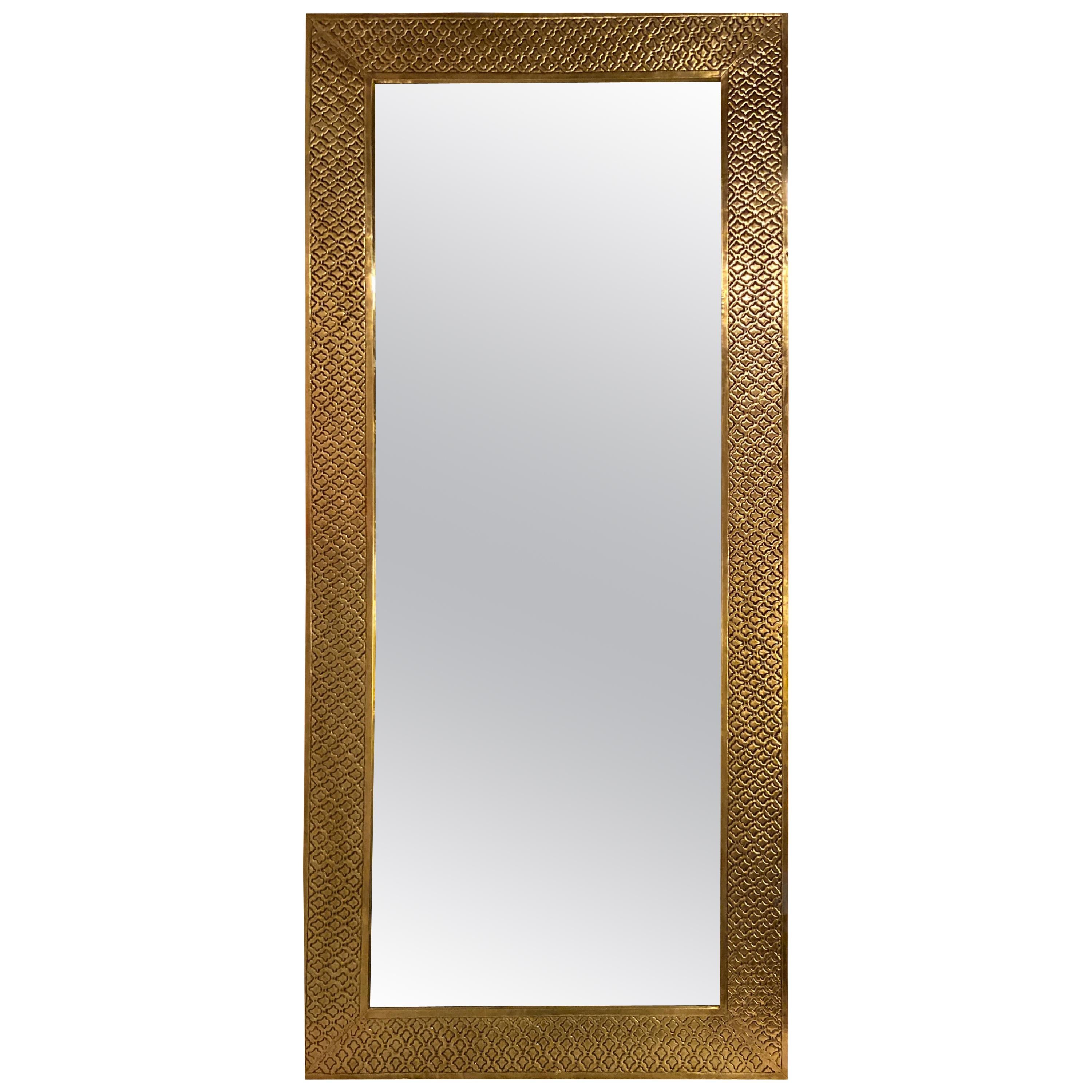 Modern Brass Floor or Console Mirror Hand Hammered Diamond Riveted Design