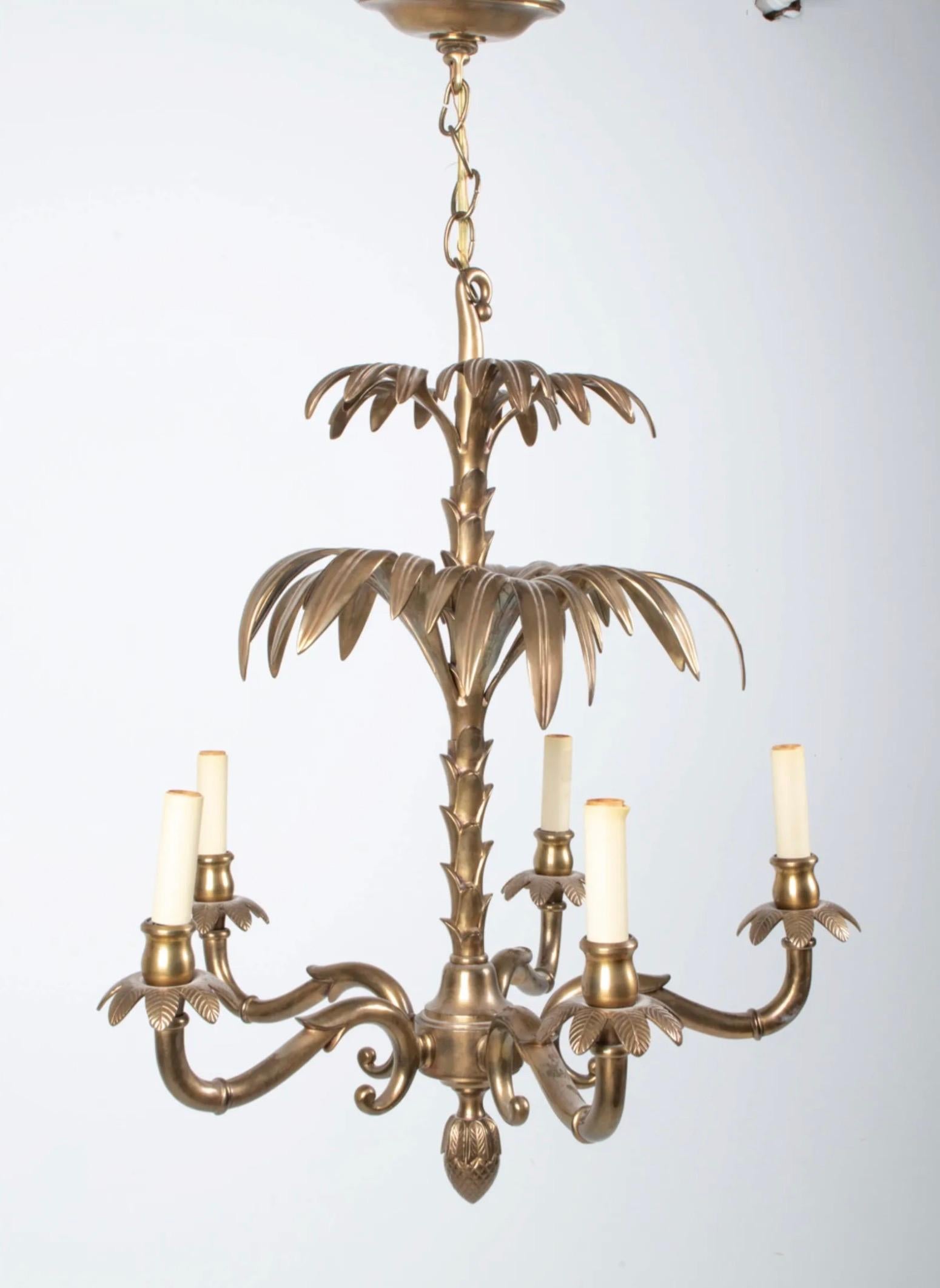 Hollywood Regency Brass Palm Chandelier For Sale