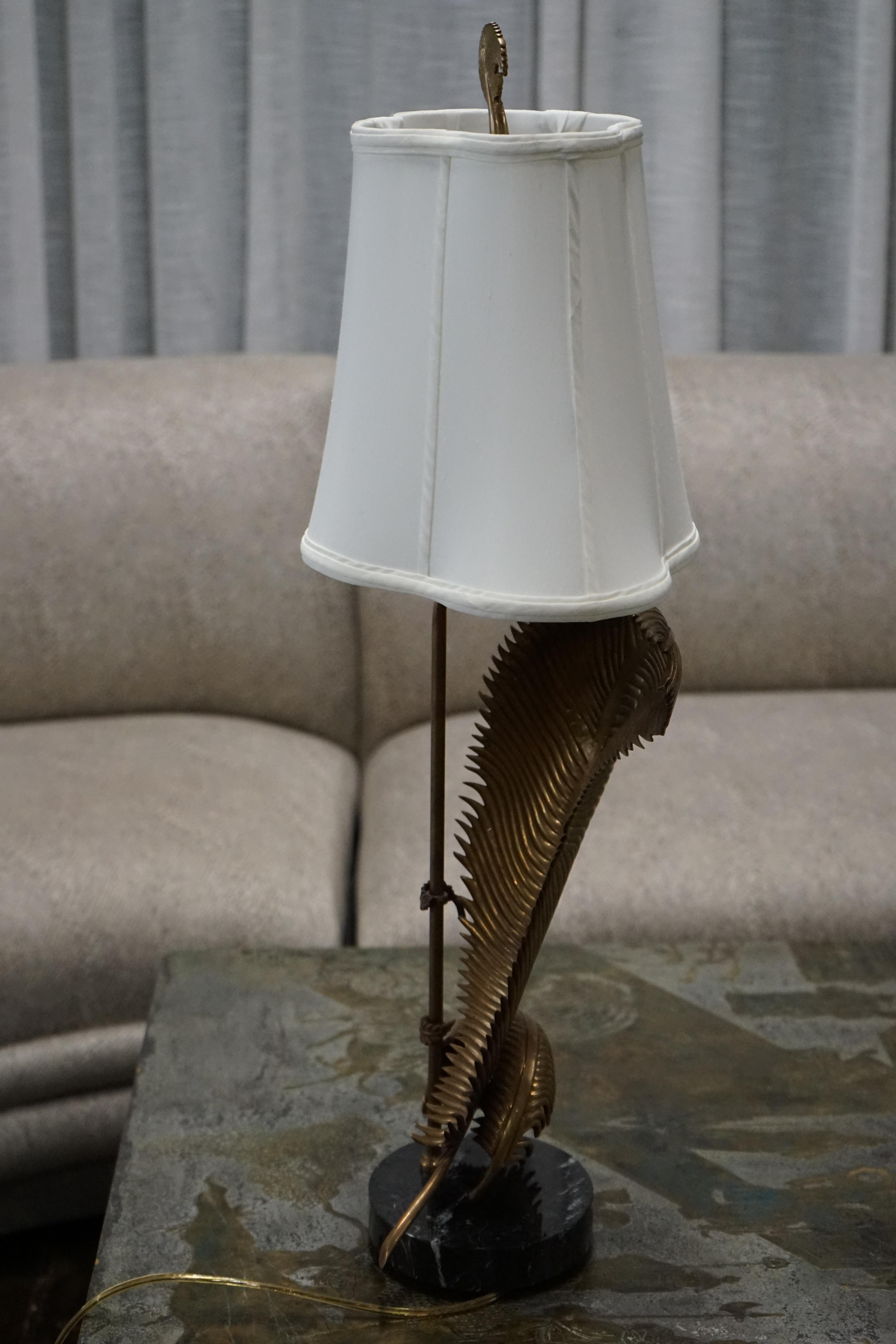 Hollywood Regency Brass Palm Fronds Table Lamp on Black Marble Base by Chapman For Sale