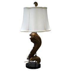 Vintage Brass Palm Fronds Table Lamp on Black Marble Base by Chapman