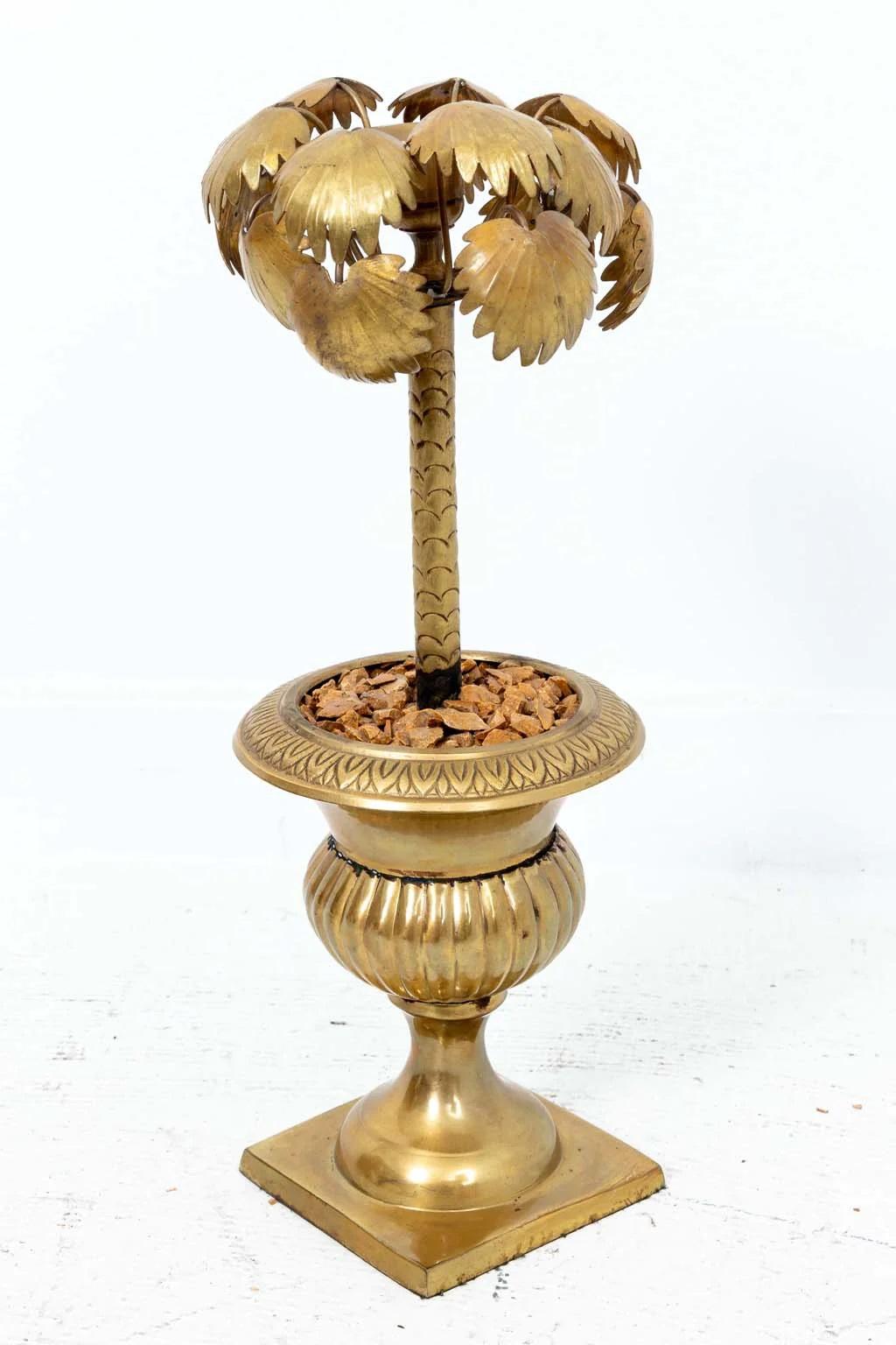 Italian Brass Palm Tree In Urn Candle Stick Holder For Sale