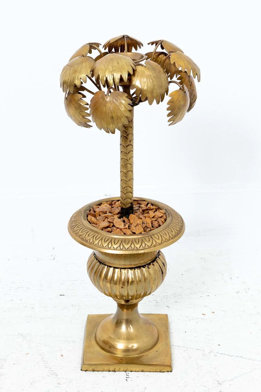 Brass Palm Tree In Urn Candle Stick Holder In Good Condition For Sale In New York, NY