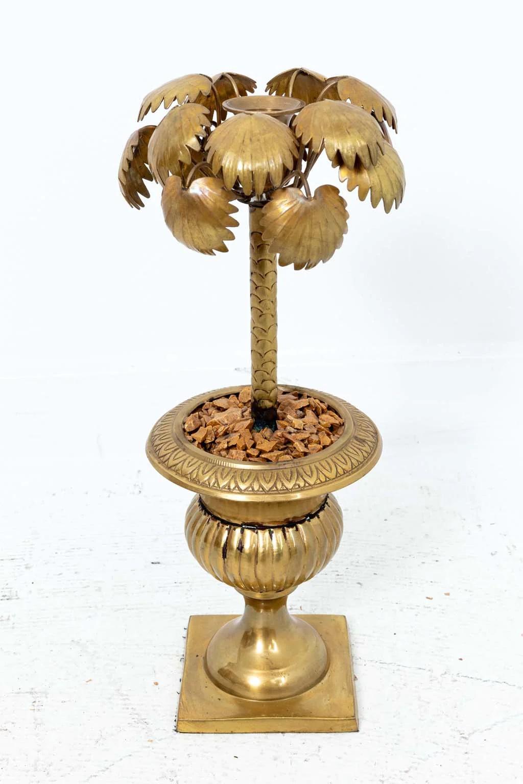 Late 20th Century Brass Palm Tree In Urn Candle Stick Holder For Sale