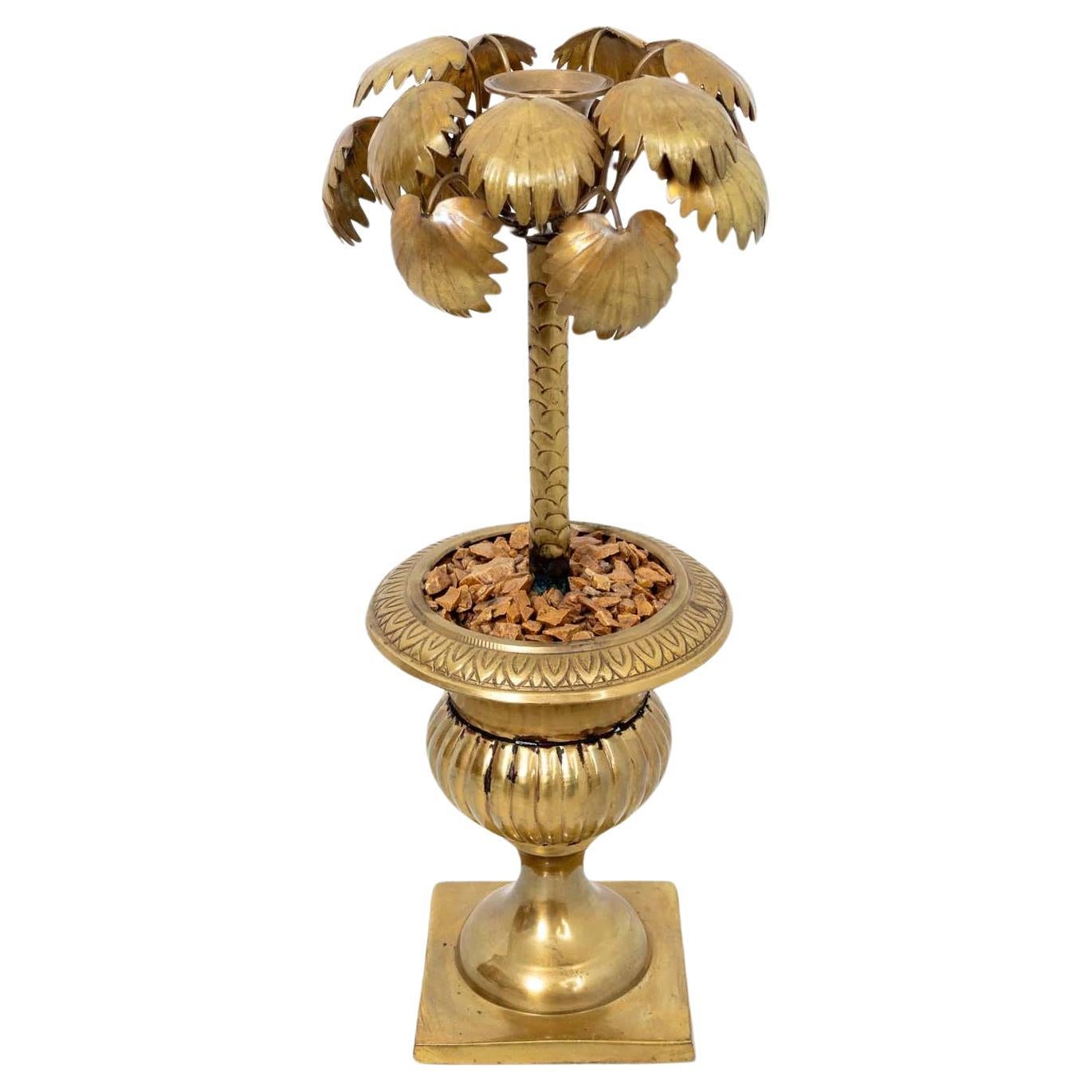 Brass Palm Tree In Urn Candle Stick Holder For Sale