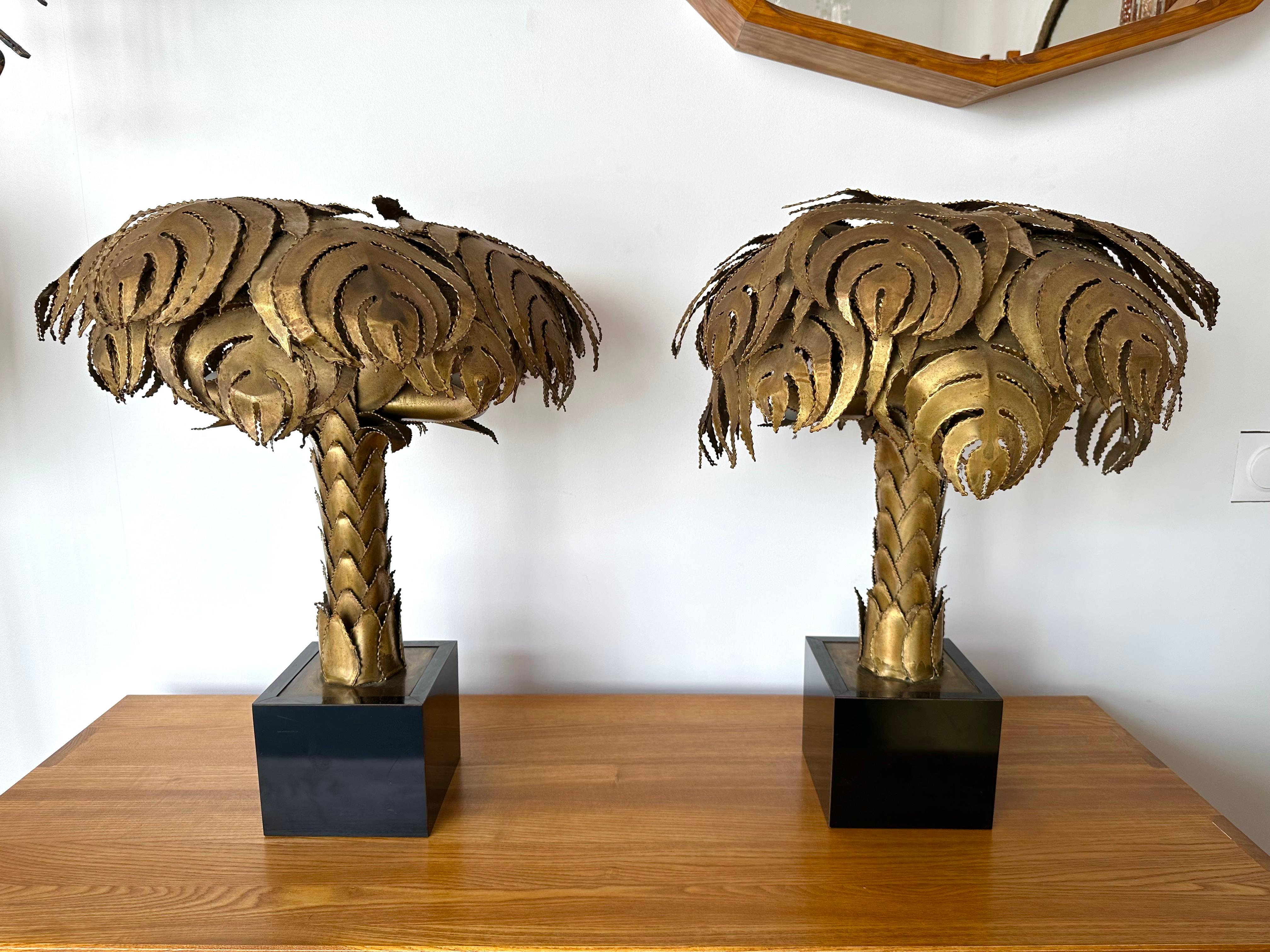 French Pair of Brass Palm Tree Lamps by Maison Jansen, France, 1970s For Sale